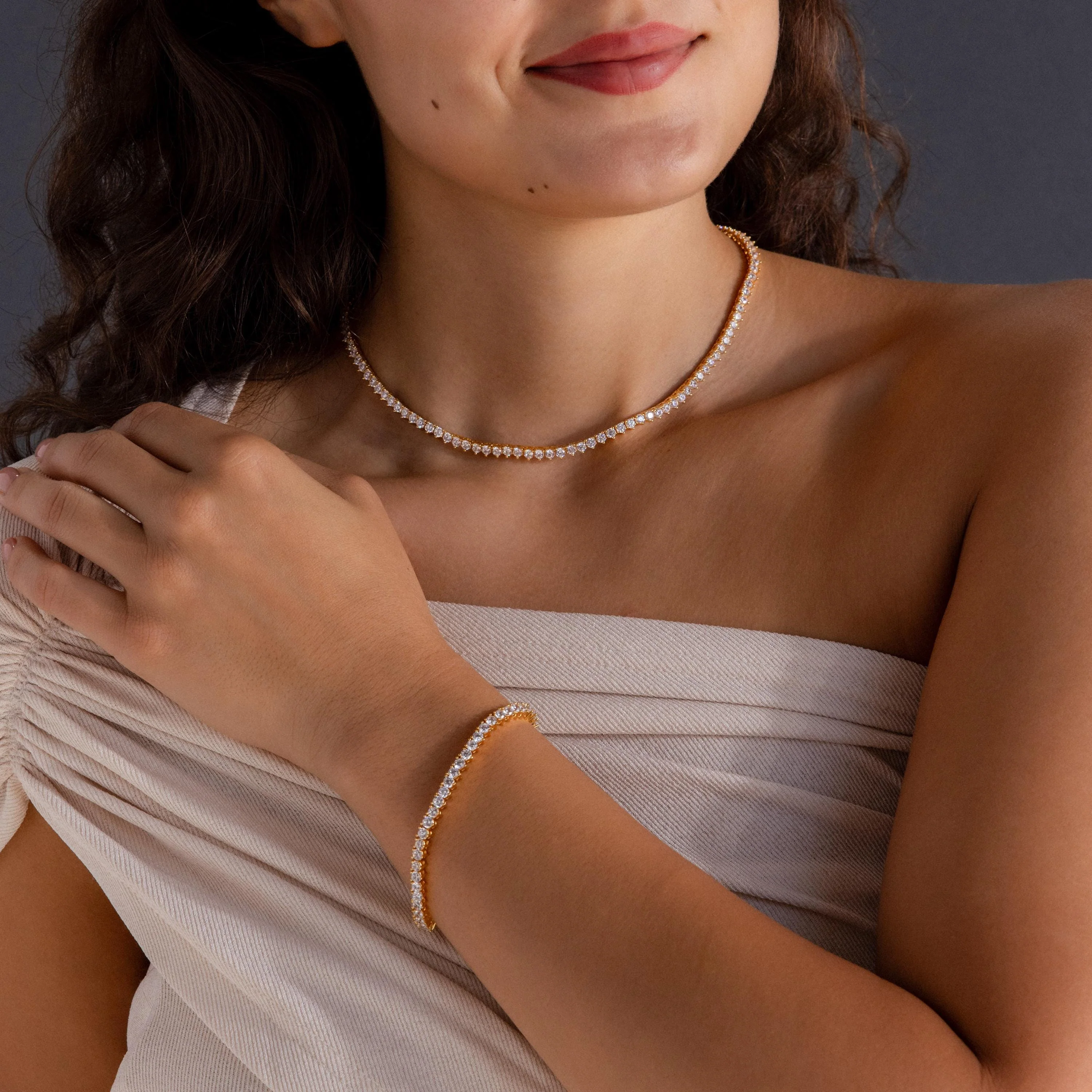 3-Prong Diamond Tennis Necklace & Bracelet Set in 18K Gold - Image 2