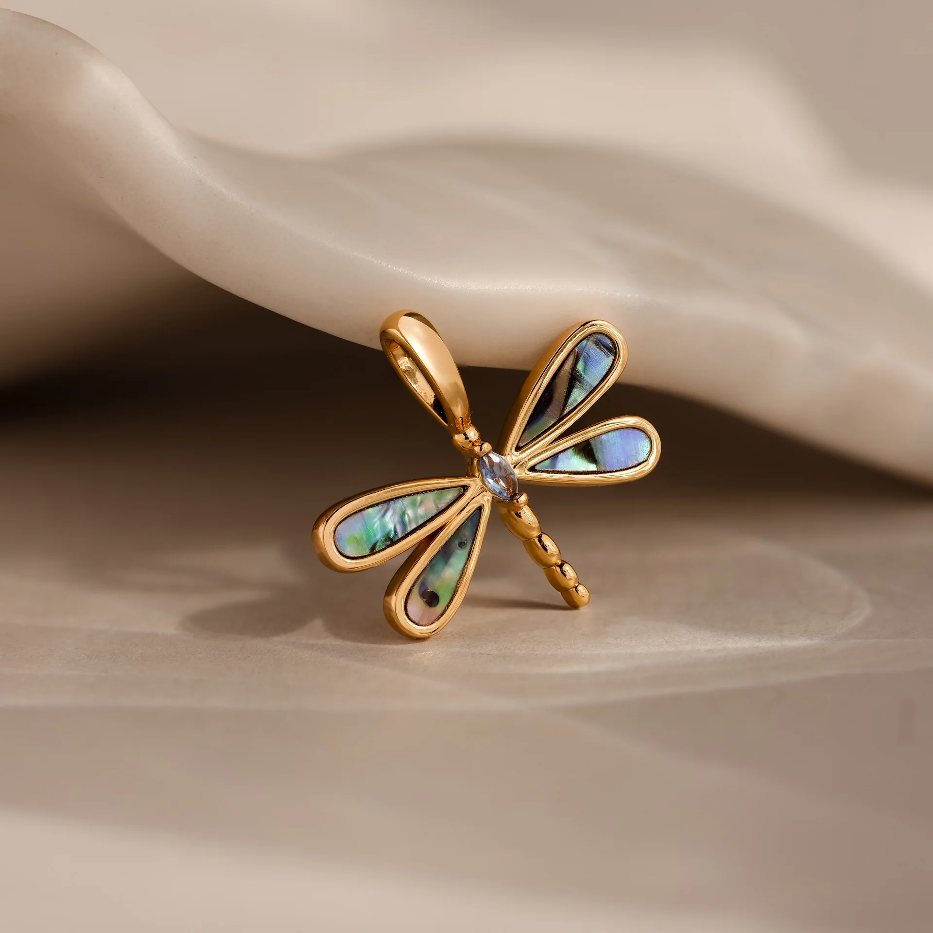 Abalone Dragonfly Charm in 18K Gold - Image 3