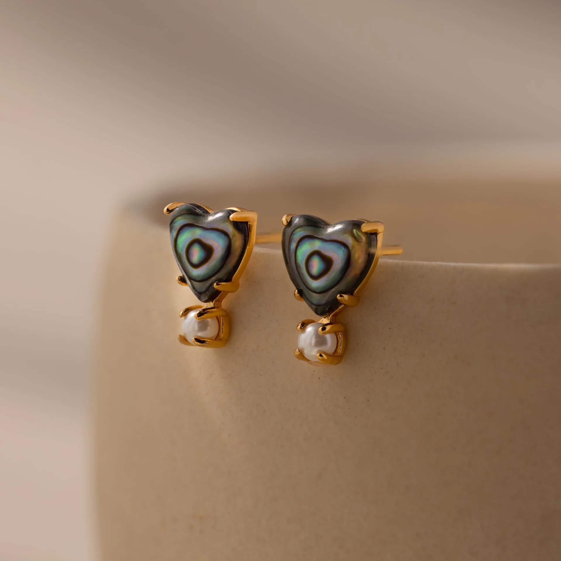 Abalone Pearl Heart Studs in 18K Gold - Image 3