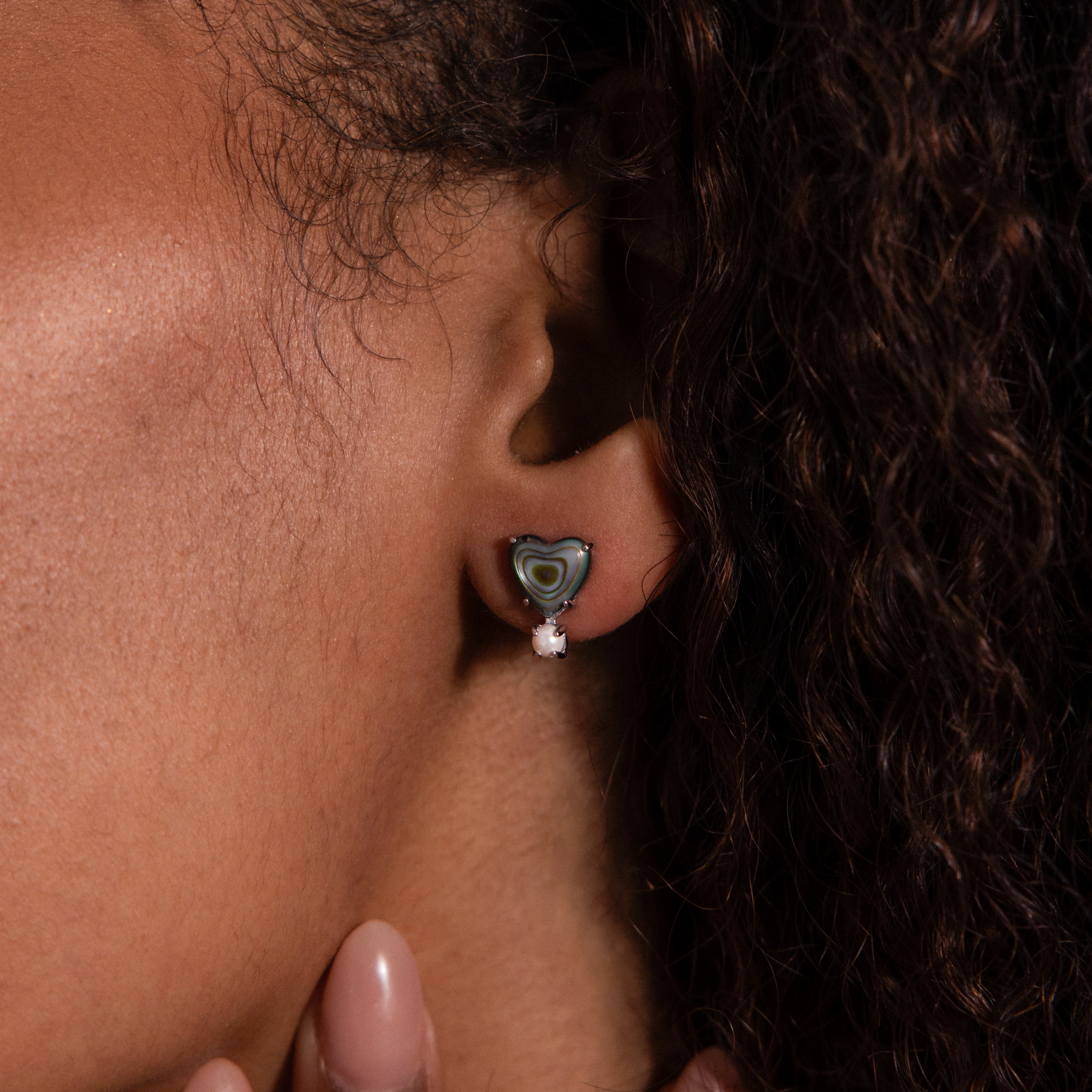 Abalone Pearl Heart Studs in Silver - Image 2