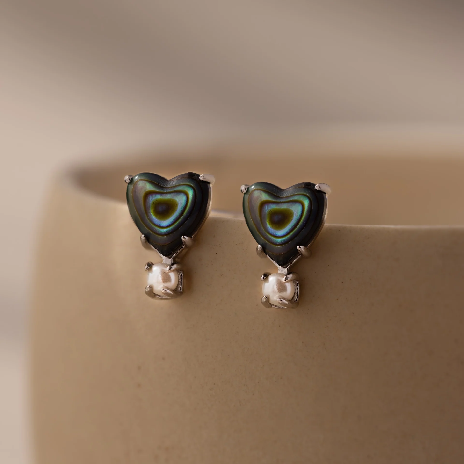Abalone Pearl Heart Studs in Silver - Image 3