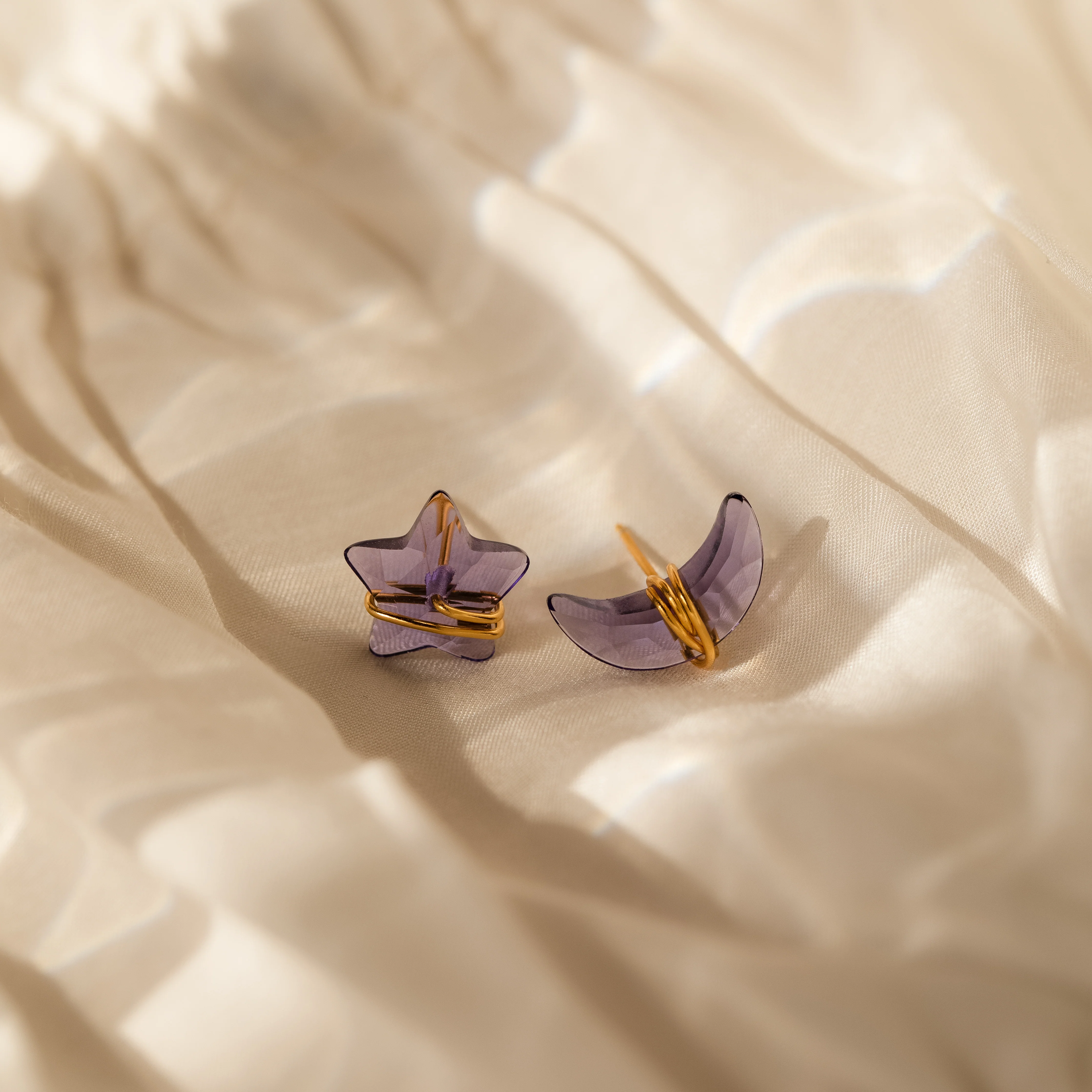 Amethyst Moon & Star Studs in 18K Gold - Image 7