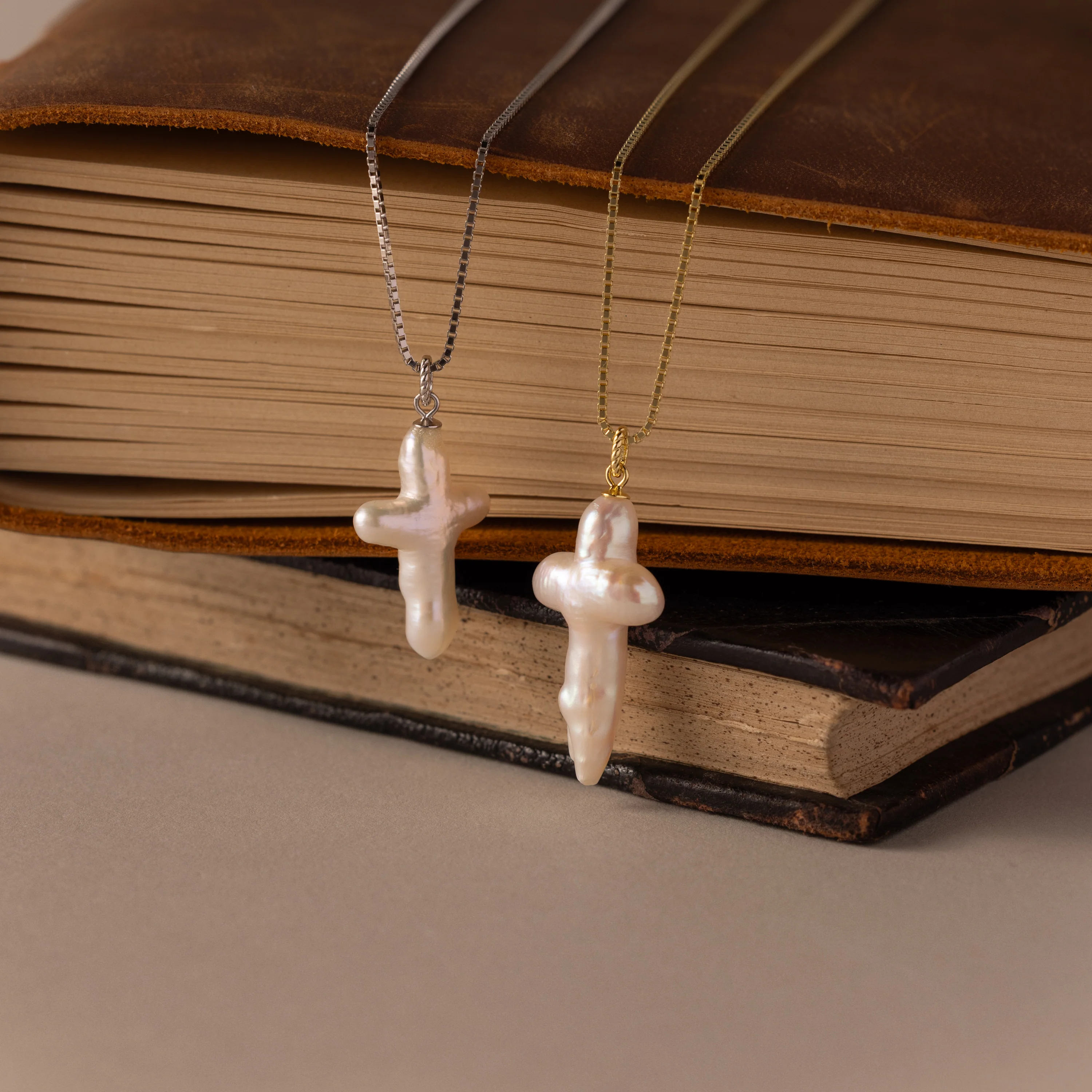 Baroque Pearl Cross Necklace in Silver - Image 5