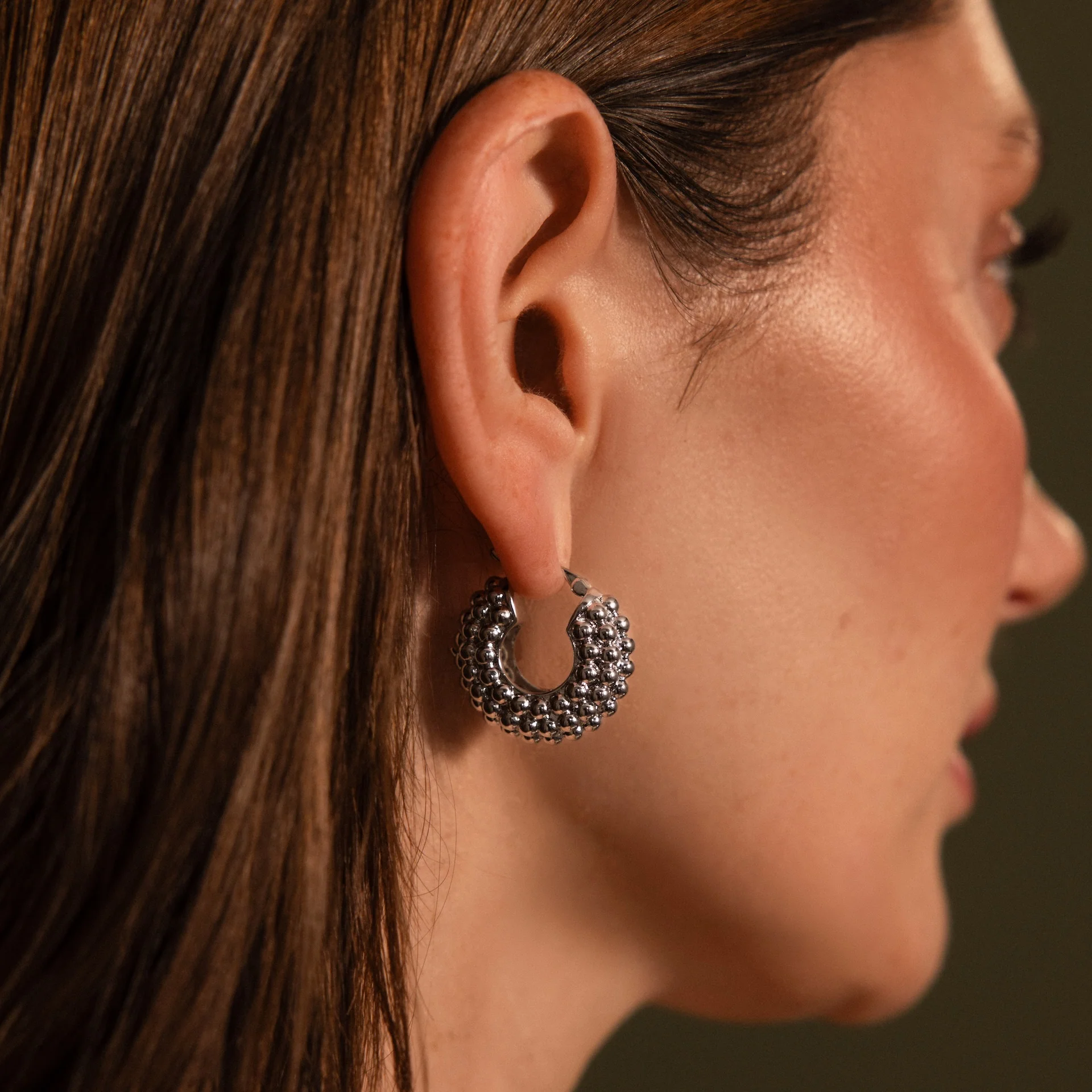 Beaded Dome Hoops in Silver - Image 2