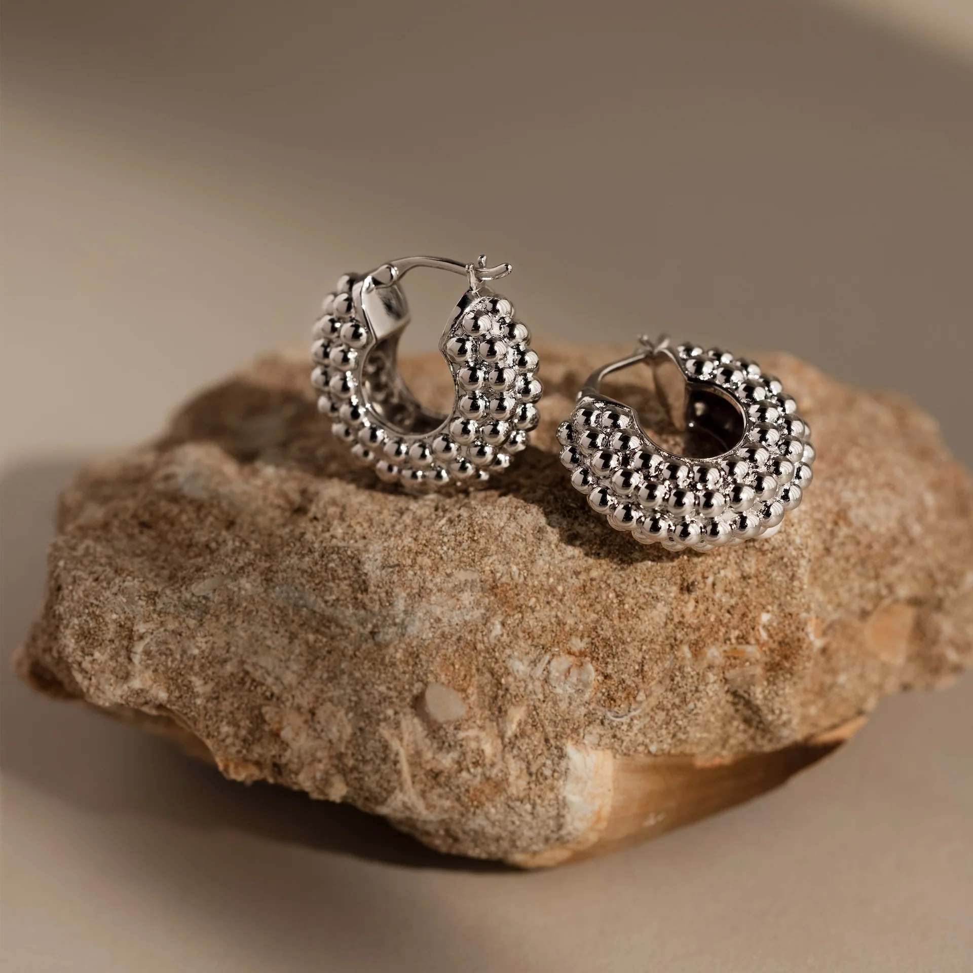 Beaded Dome Hoops in Silver - Image 3