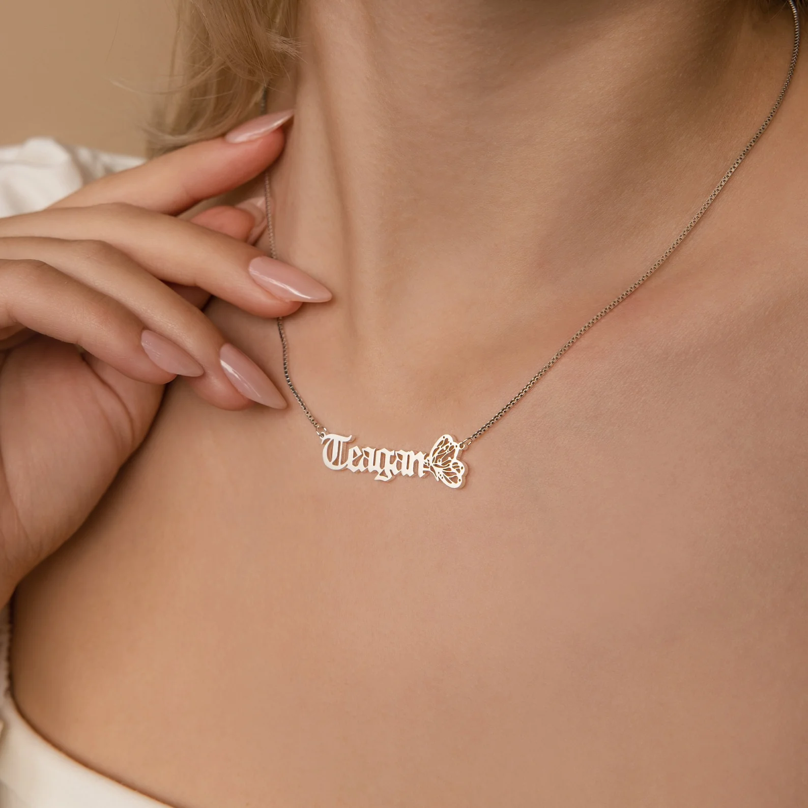 Butterfly Name Necklace in Box Chain - Image 6