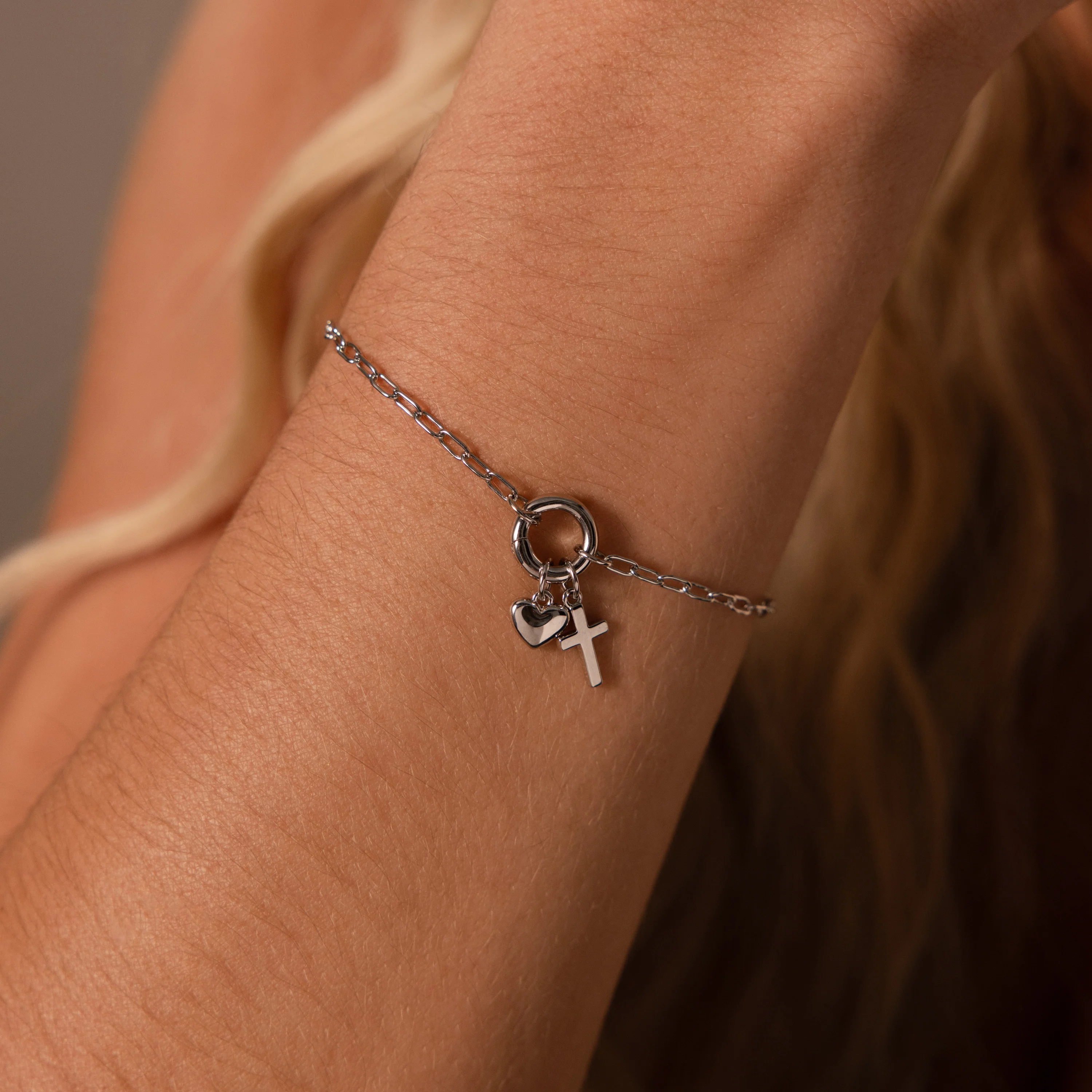 Cross & Heart Charm Bracelet in Silver - Image 2