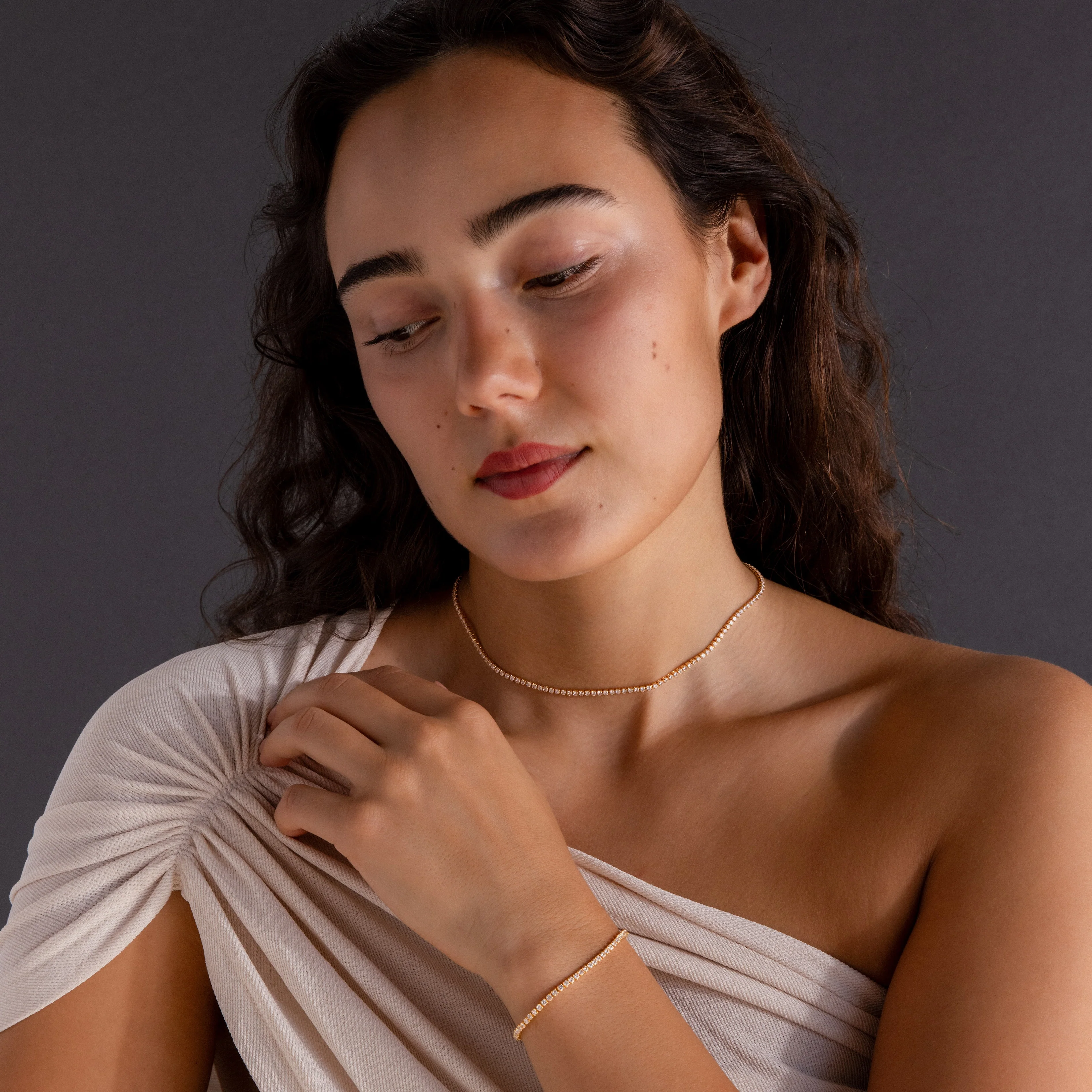 Dainty Diamond Tennis Necklace & Bracelet Set in 18K Gold - Image 2