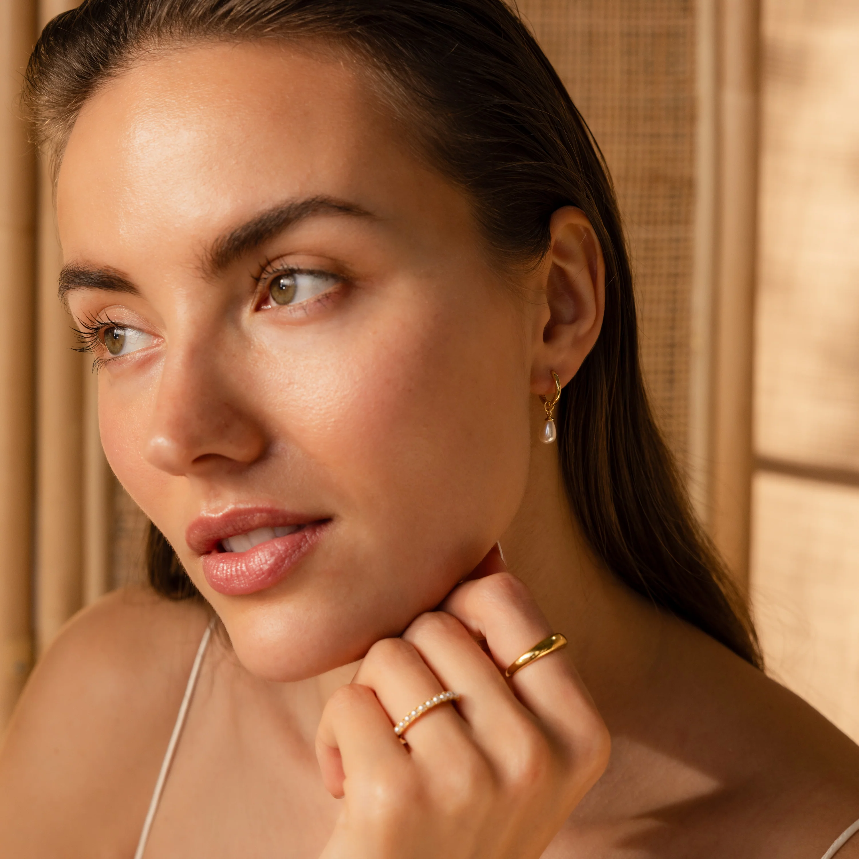 Dainty Pearl Drop Huggies in 18K Gold - Image 8