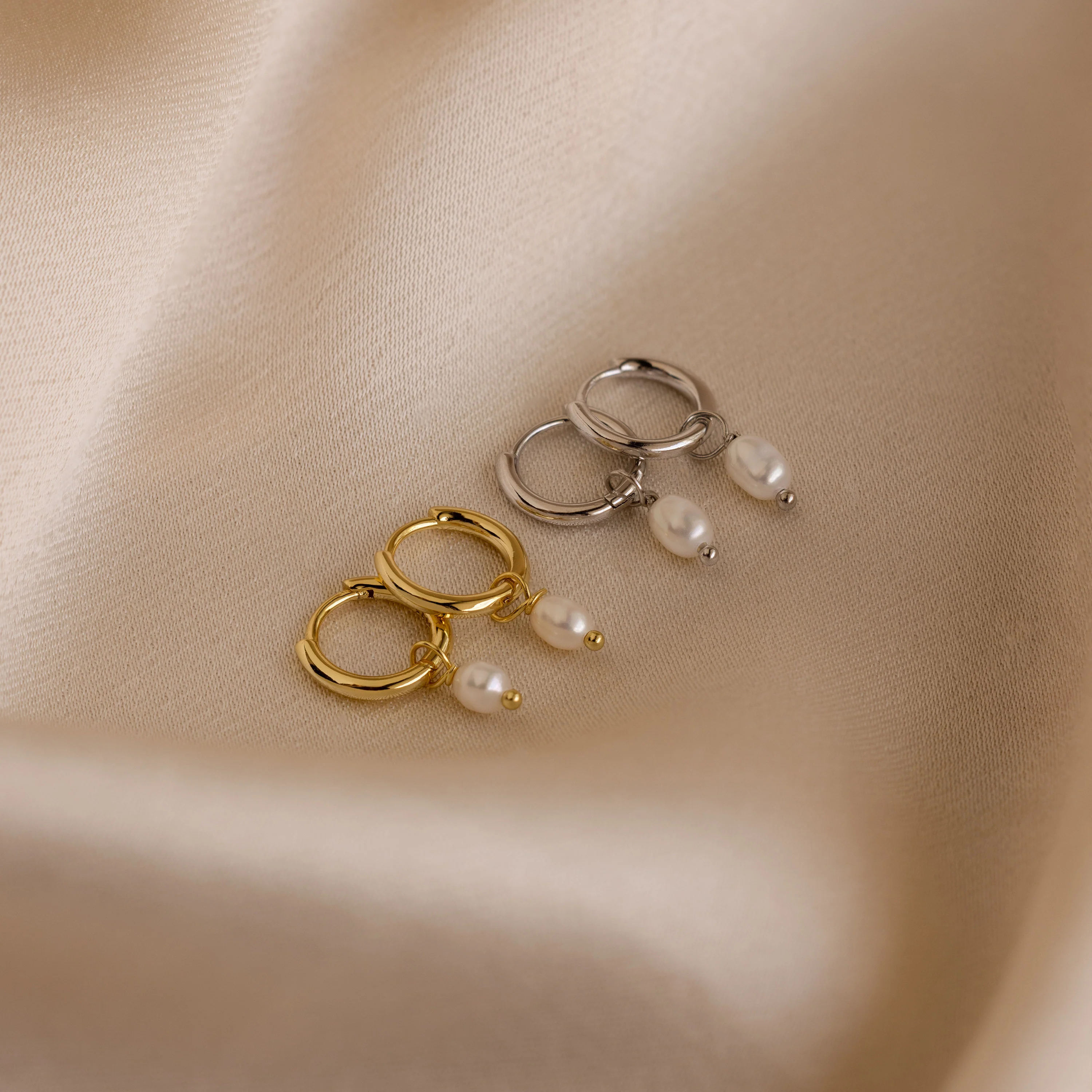Dainty Pearl Huggies in Silver - Image 2