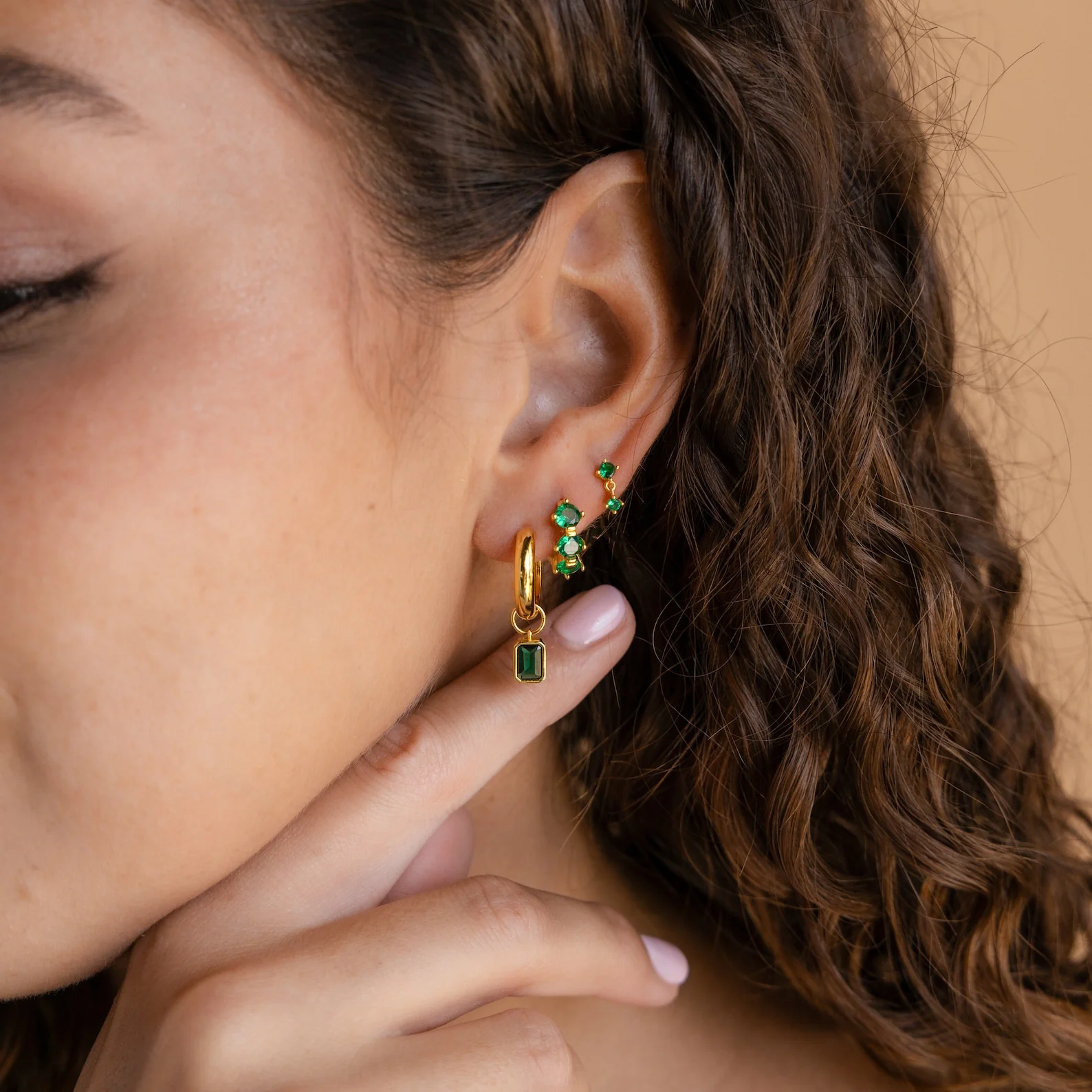 Dangling Emerald Birthstone Hoops - Image 3