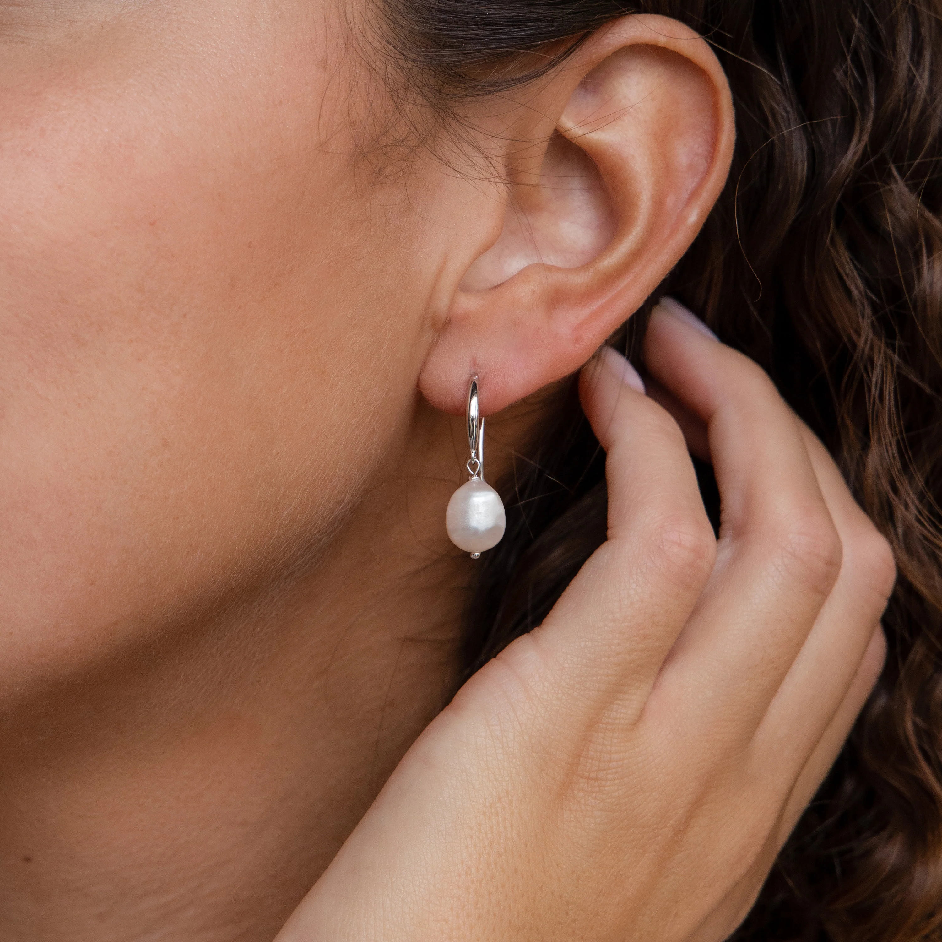 Dangling Pearl Drop Earrings in Silver - Image 2