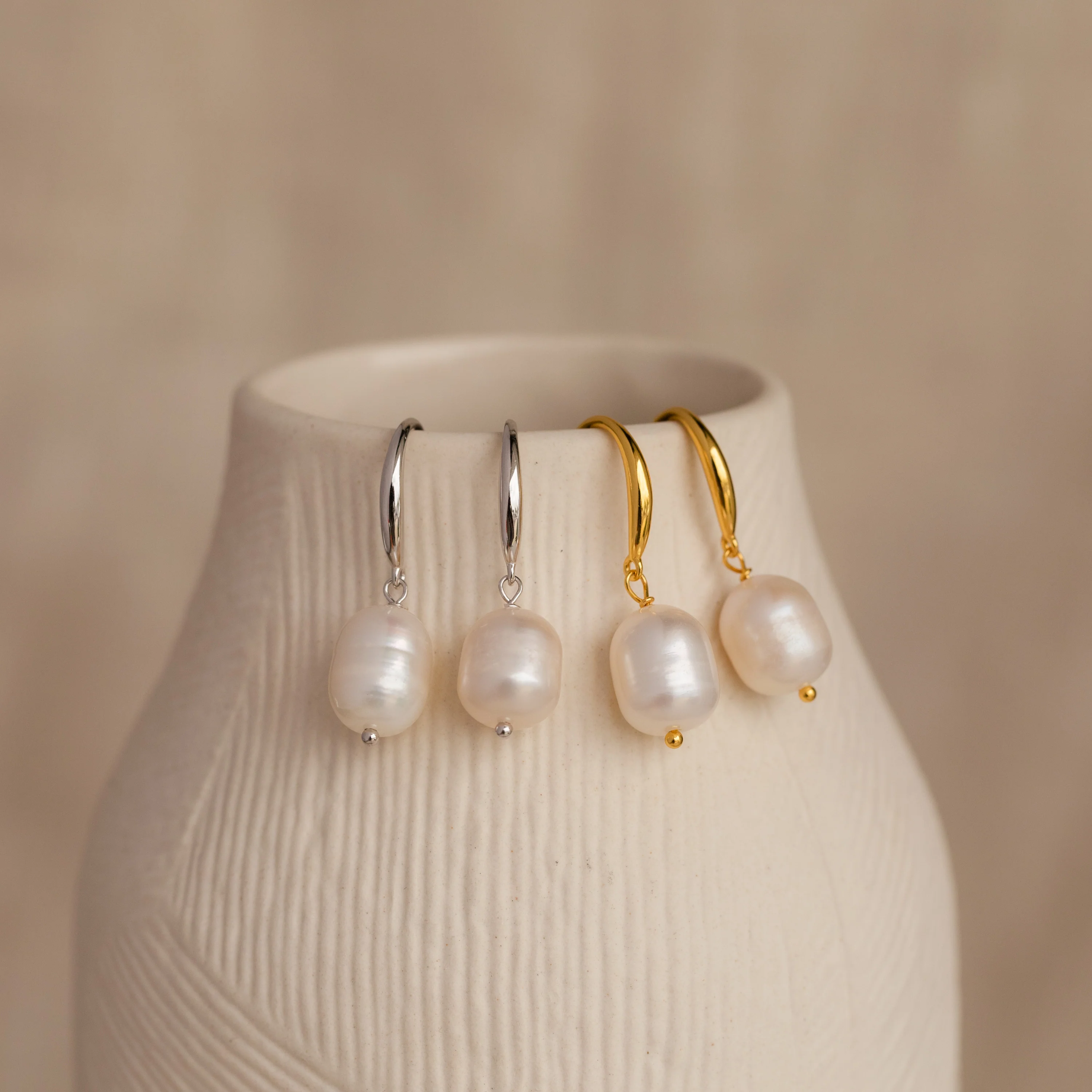 Dangling Pearl Drop Earrings in Silver - Image 3