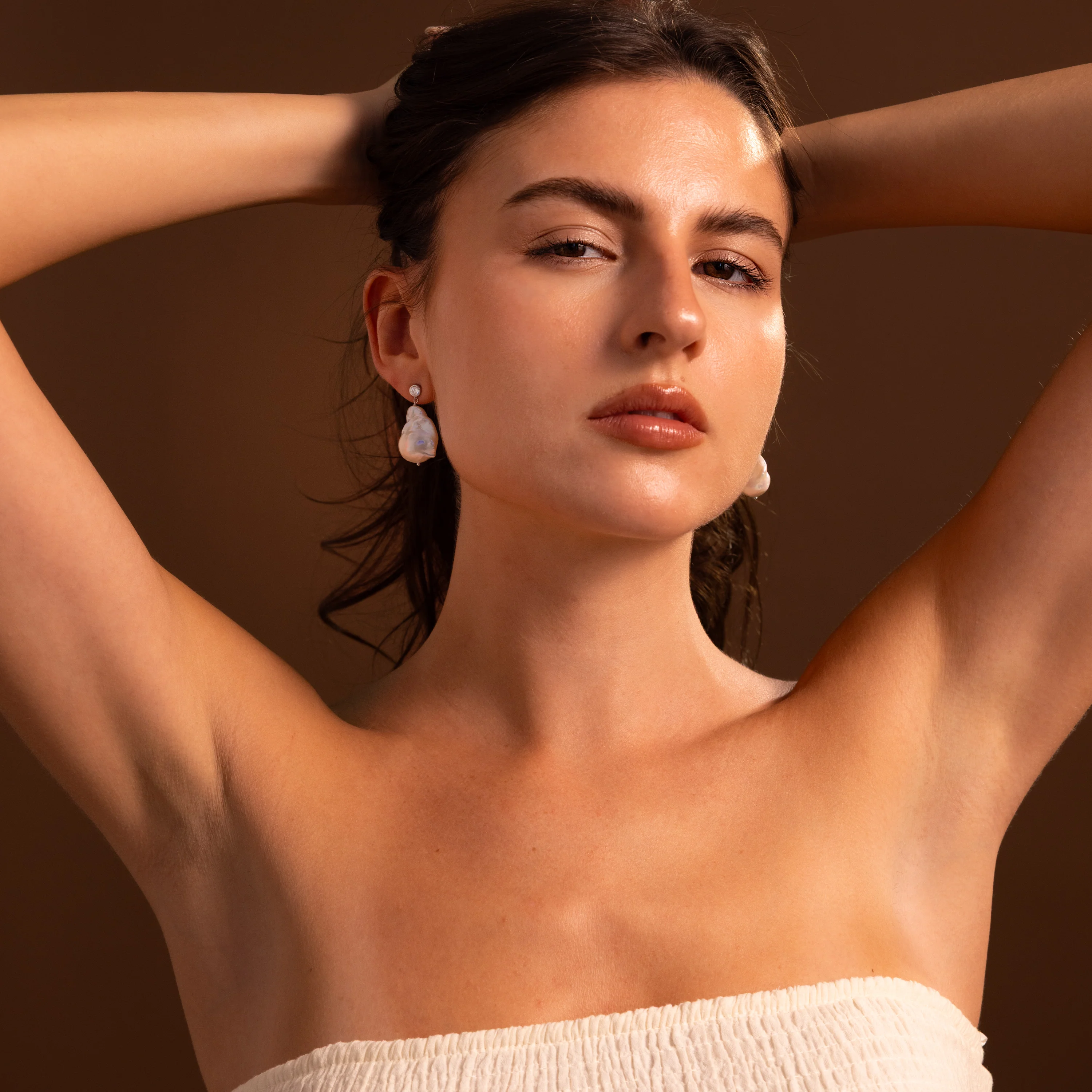 Diamond Baroque Pearl Studs in Silver - Image 4