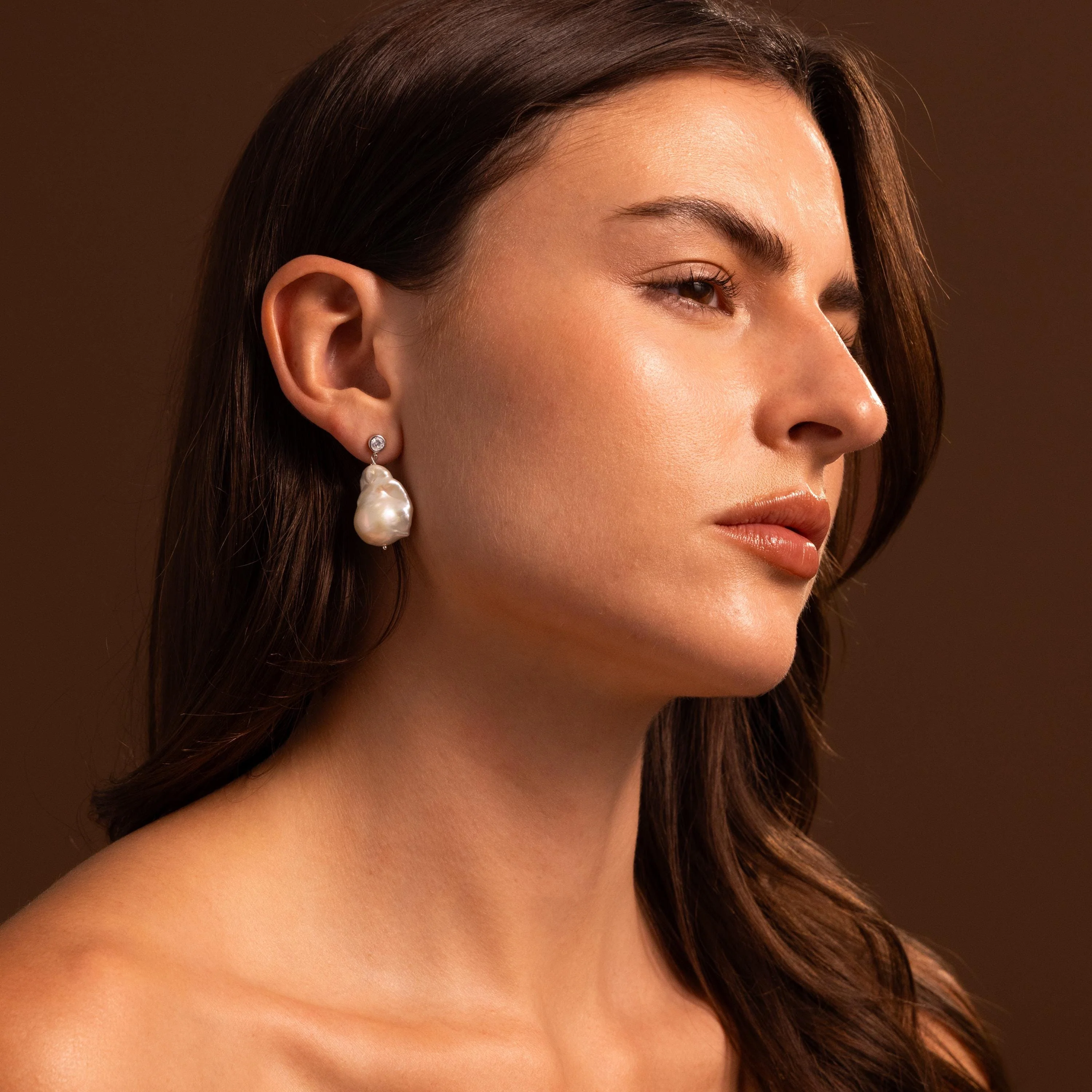 Diamond Baroque Pearl Studs in Silver - Image 6
