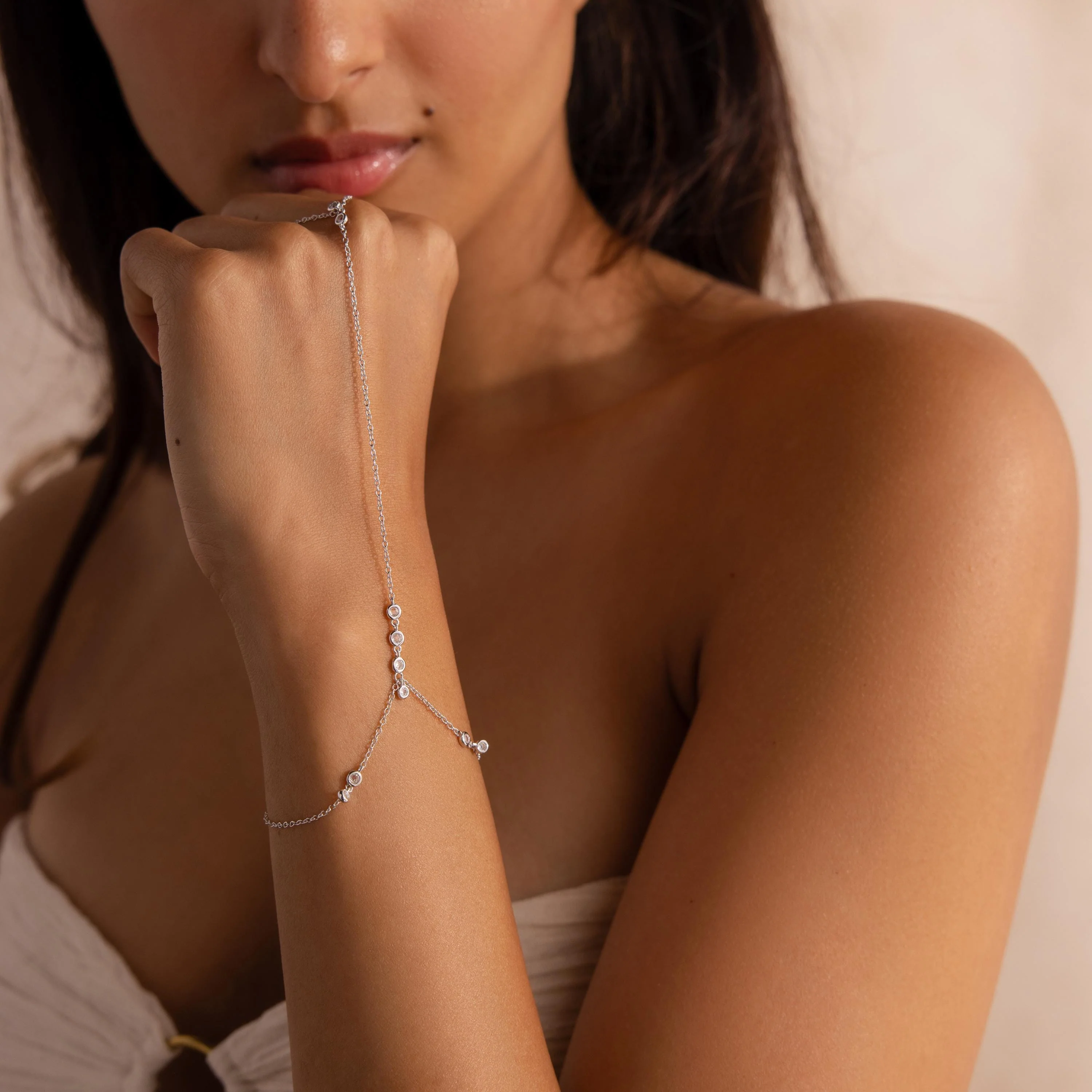 Diamond Cluster Hand Chain Bracelet in Silver - Image 4