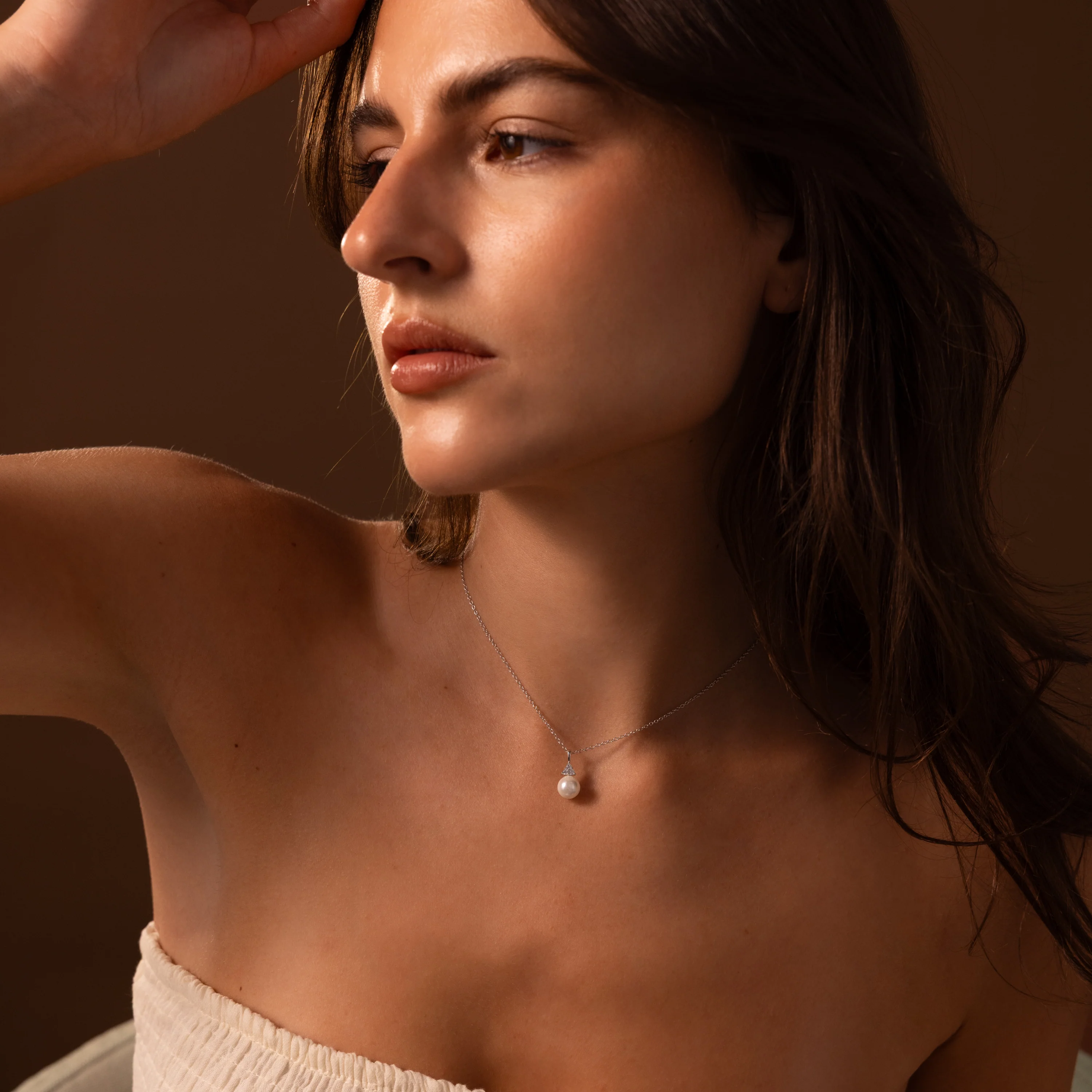 Diamond Halo Pearl Necklace in Silver - Image 6