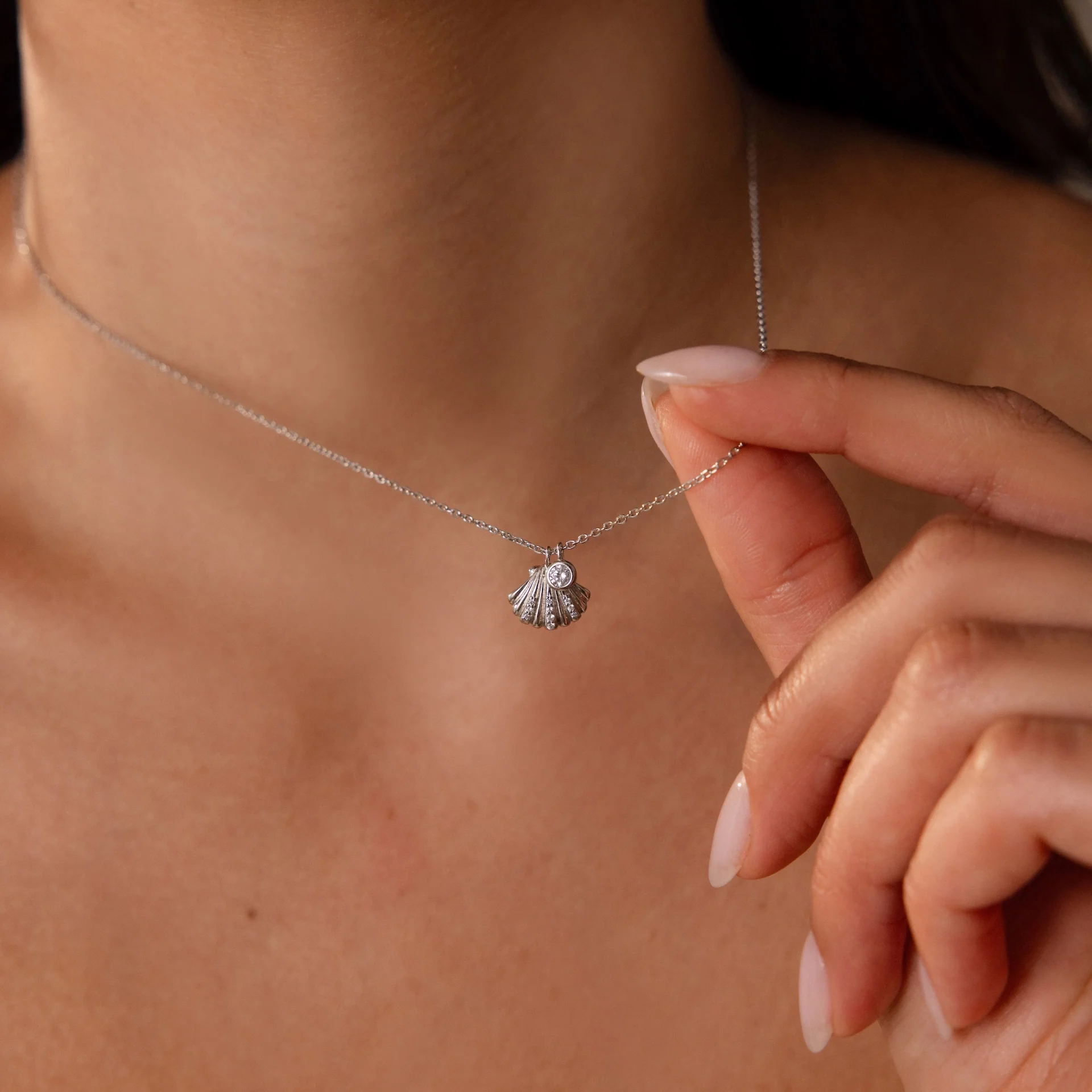 Diamond Seashell Charm Necklace in Silver - Image 6