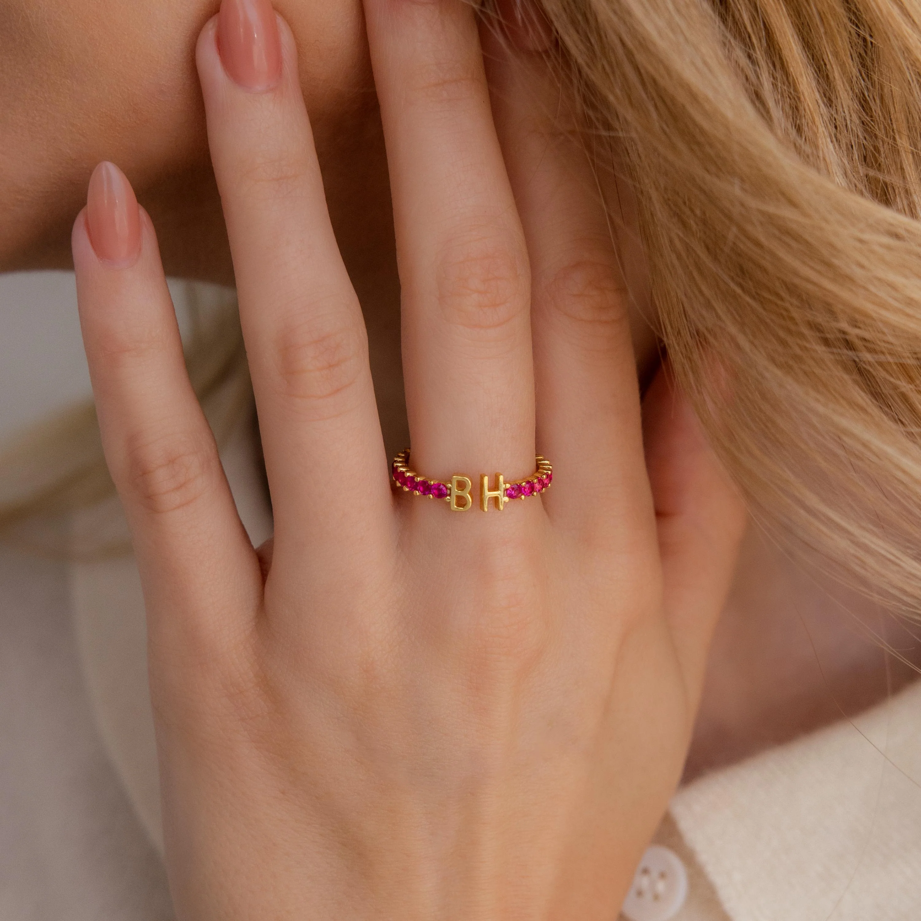 Duo Initial Emerald Tennis Ring - Image 2