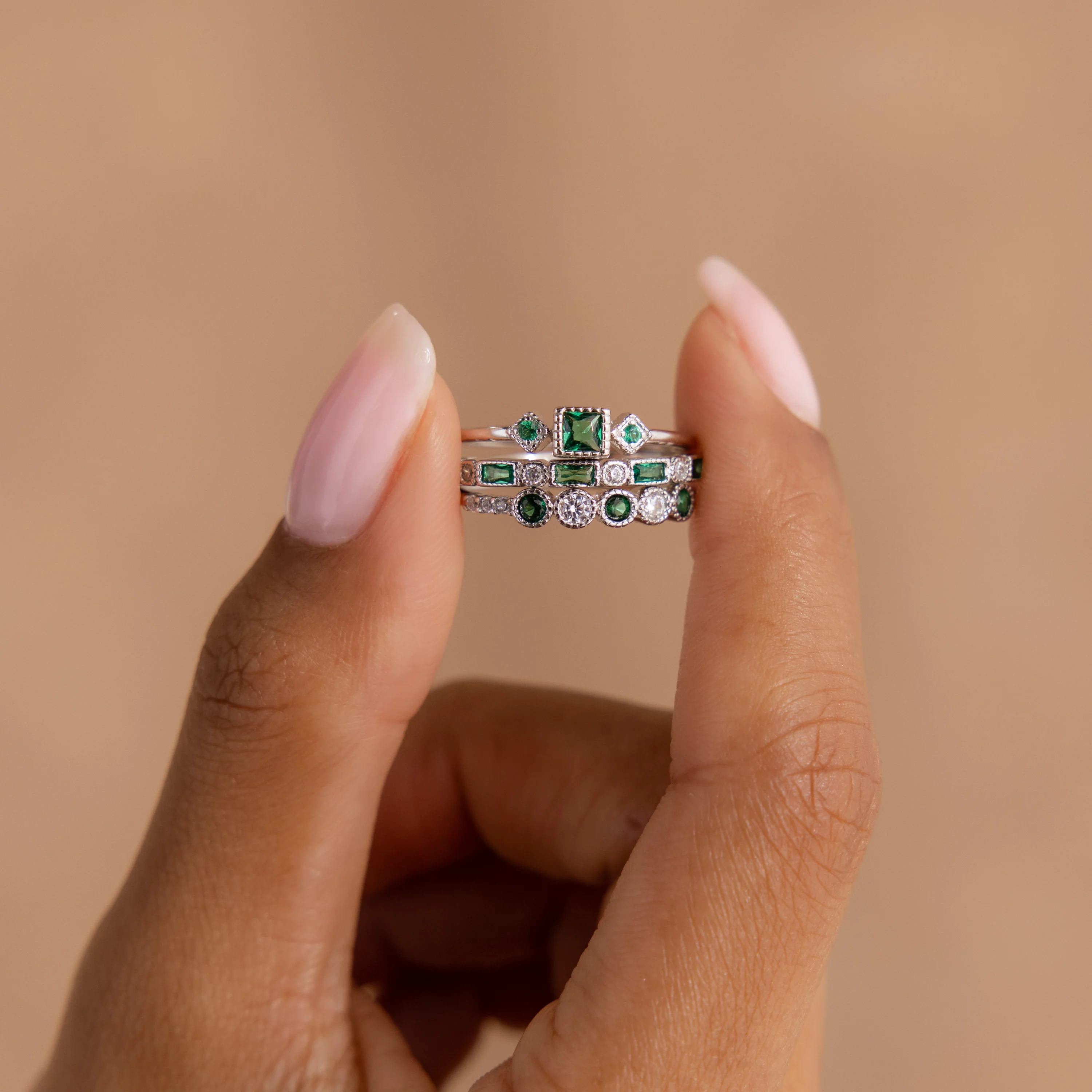 Emerald Stacking Ring Set in Silver - Image 5