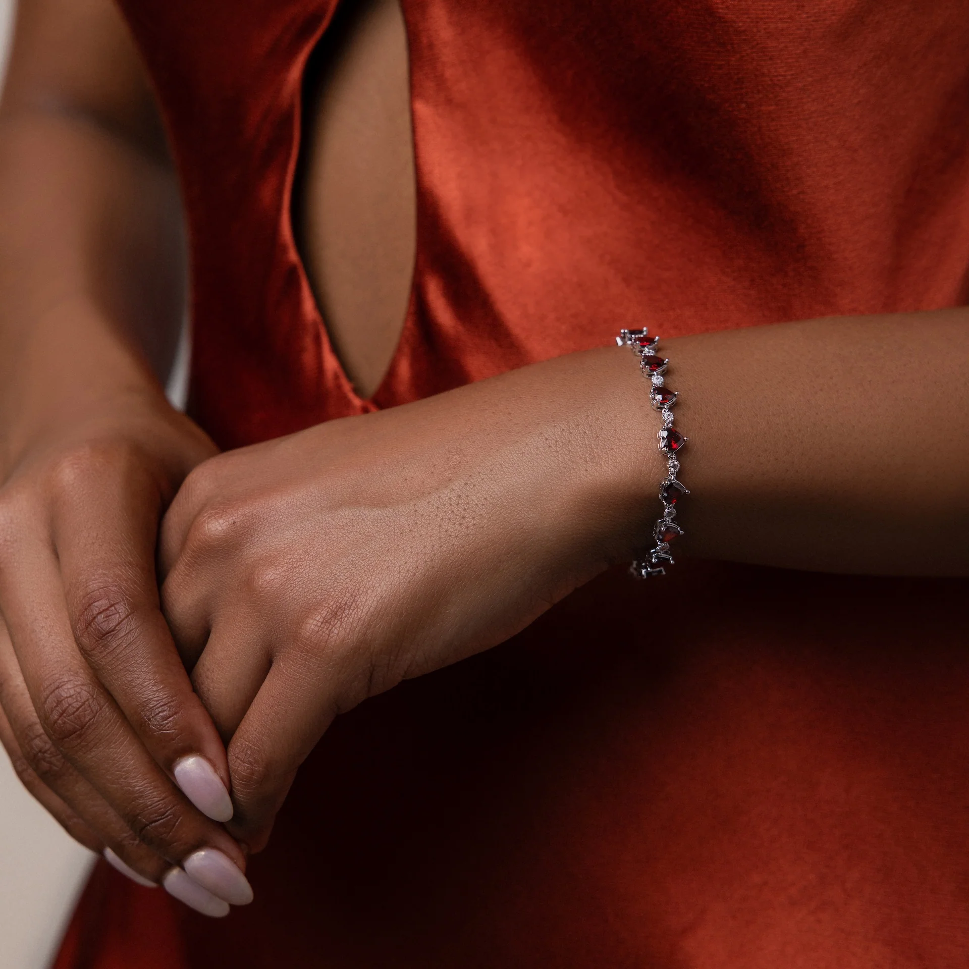 Garnet Heart Tennis Bracelet in Silver - Image 4