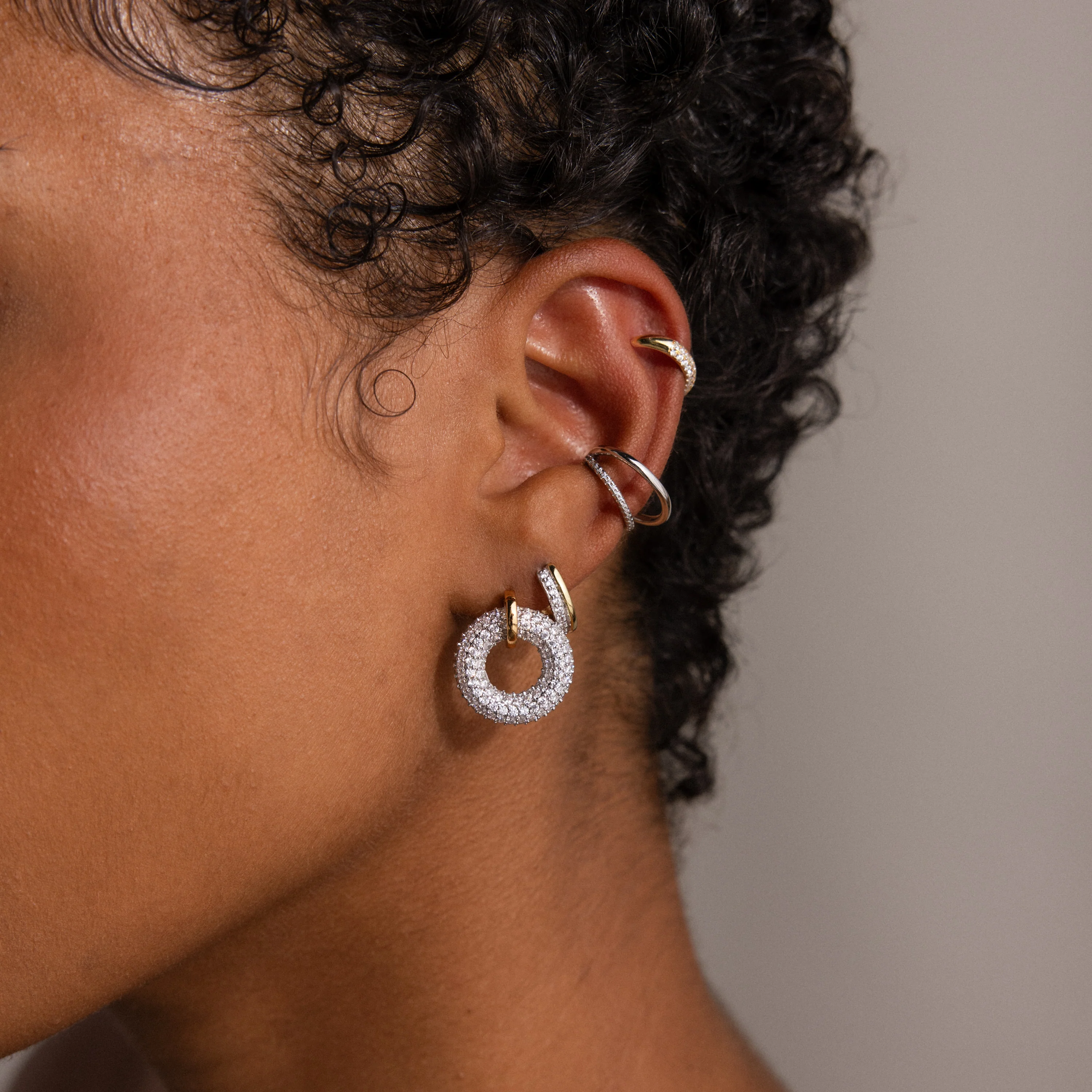 Half Pave Huggies in 18K Gold - Image 6