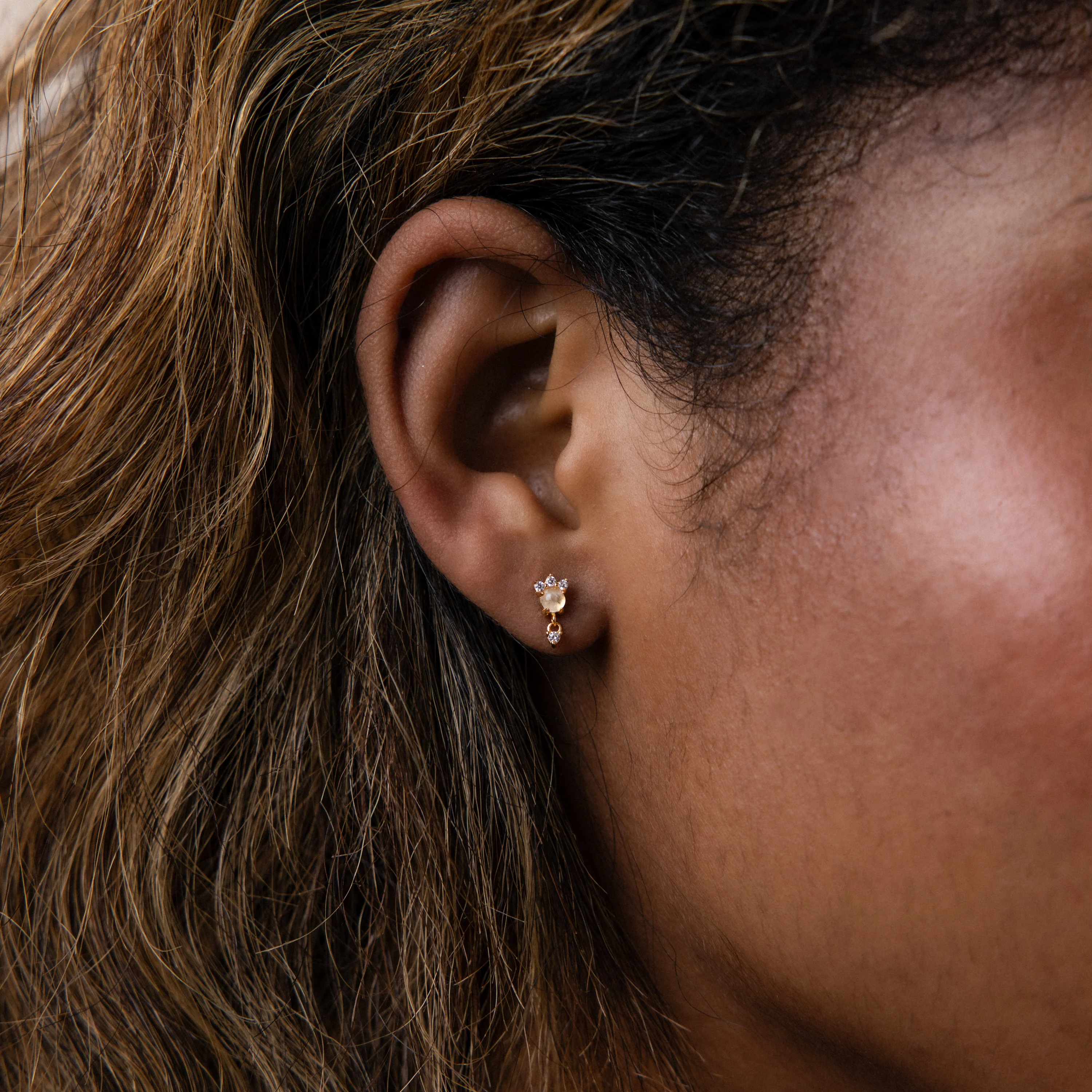 Halo Moonstone Drop Studs in 18K Gold - Image 2