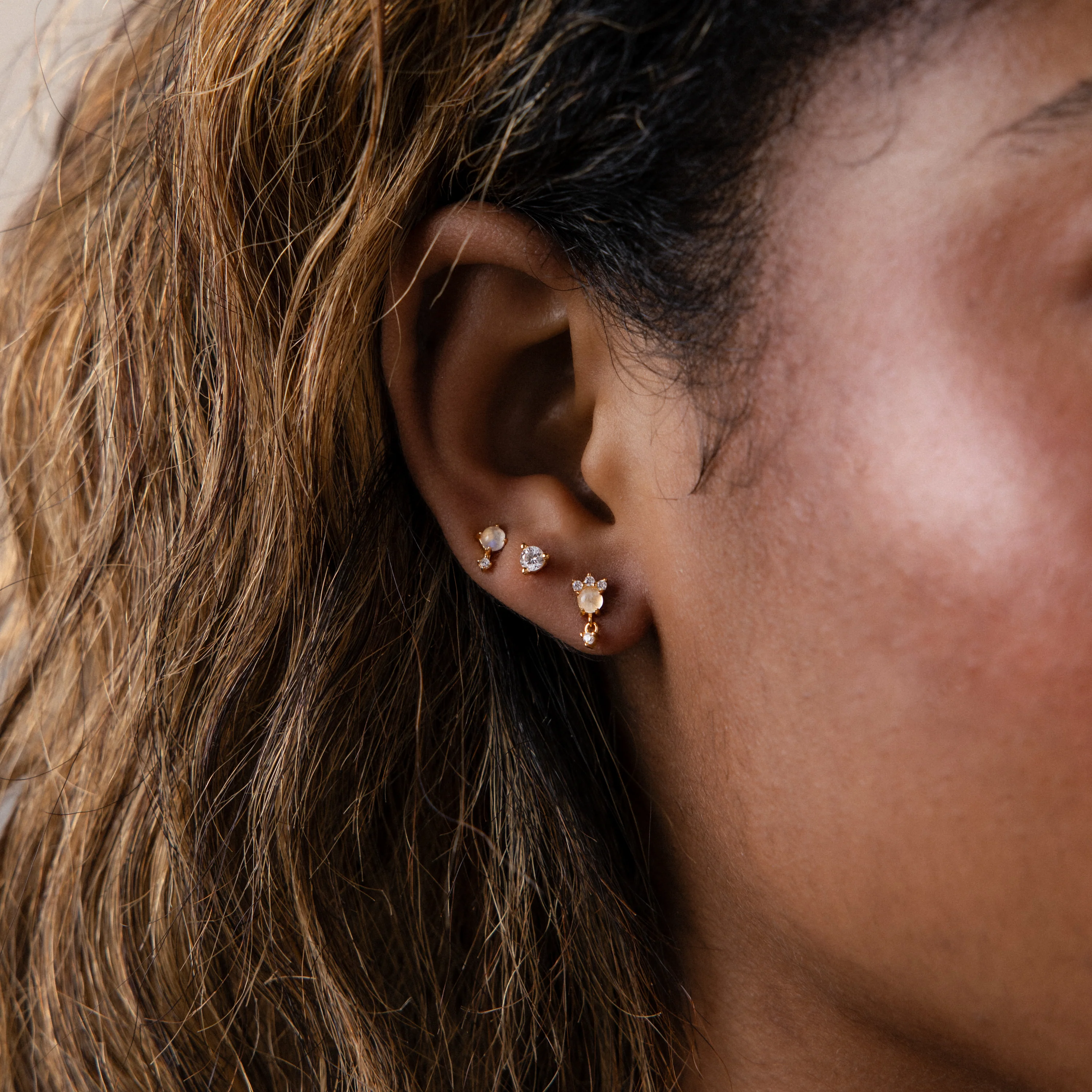 Halo Moonstone Drop Studs in 18K Gold - Image 4