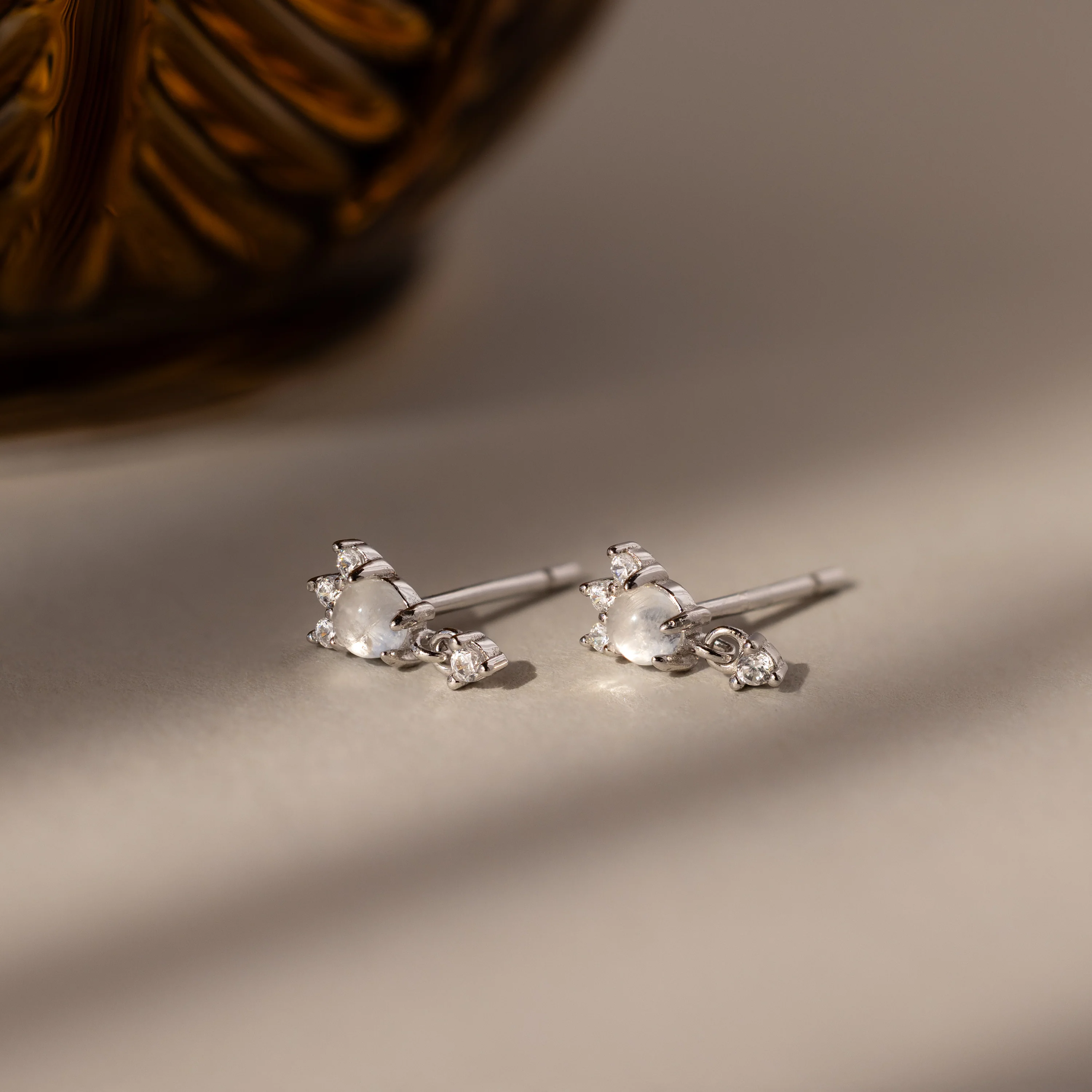 Halo Moonstone Drop Studs in Silver