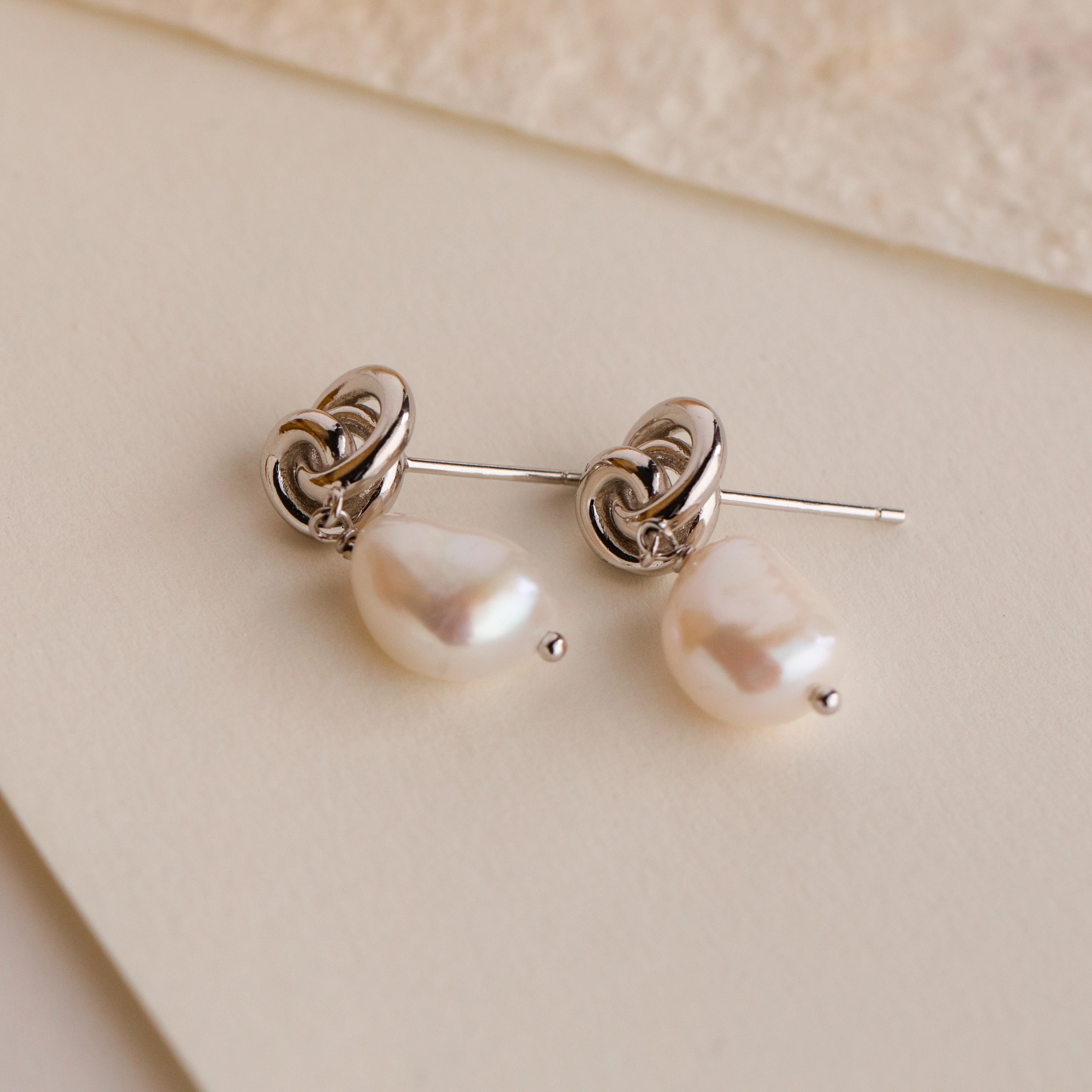 Knot Pearl Drop Earrings in Silver - Image 2
