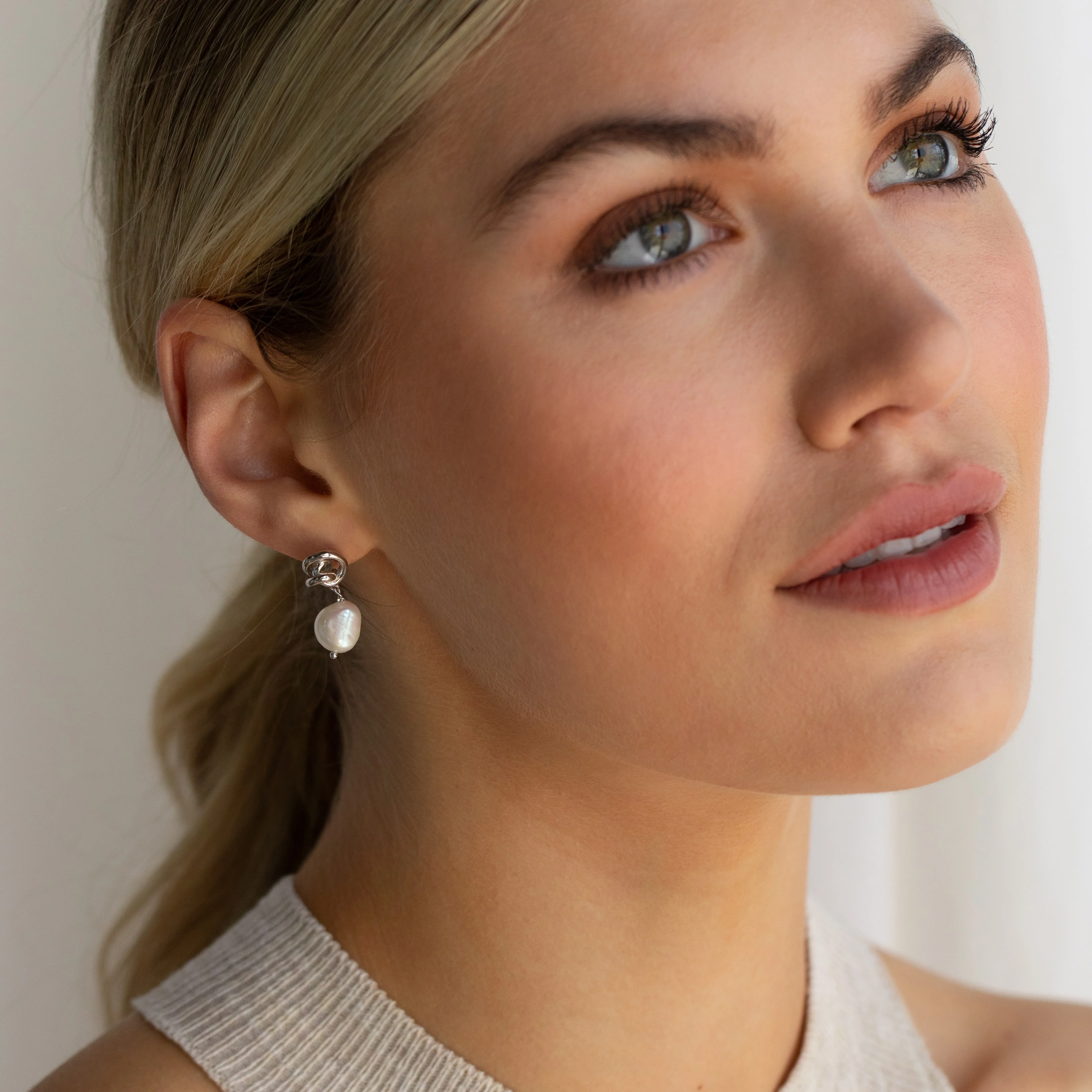 Knot Pearl Drop Earrings in Silver - Image 3