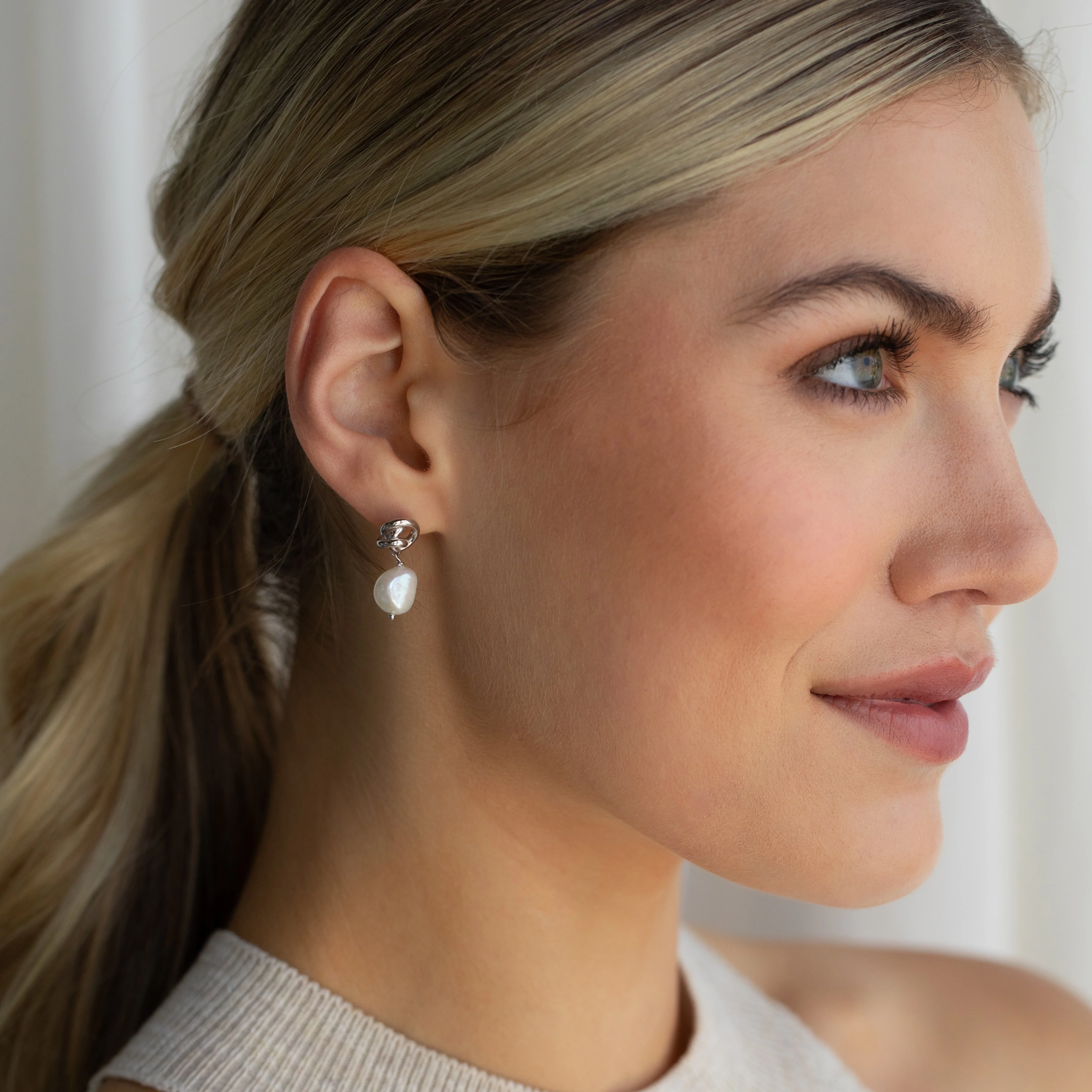 Knot Pearl Drop Earrings in Silver - Image 5