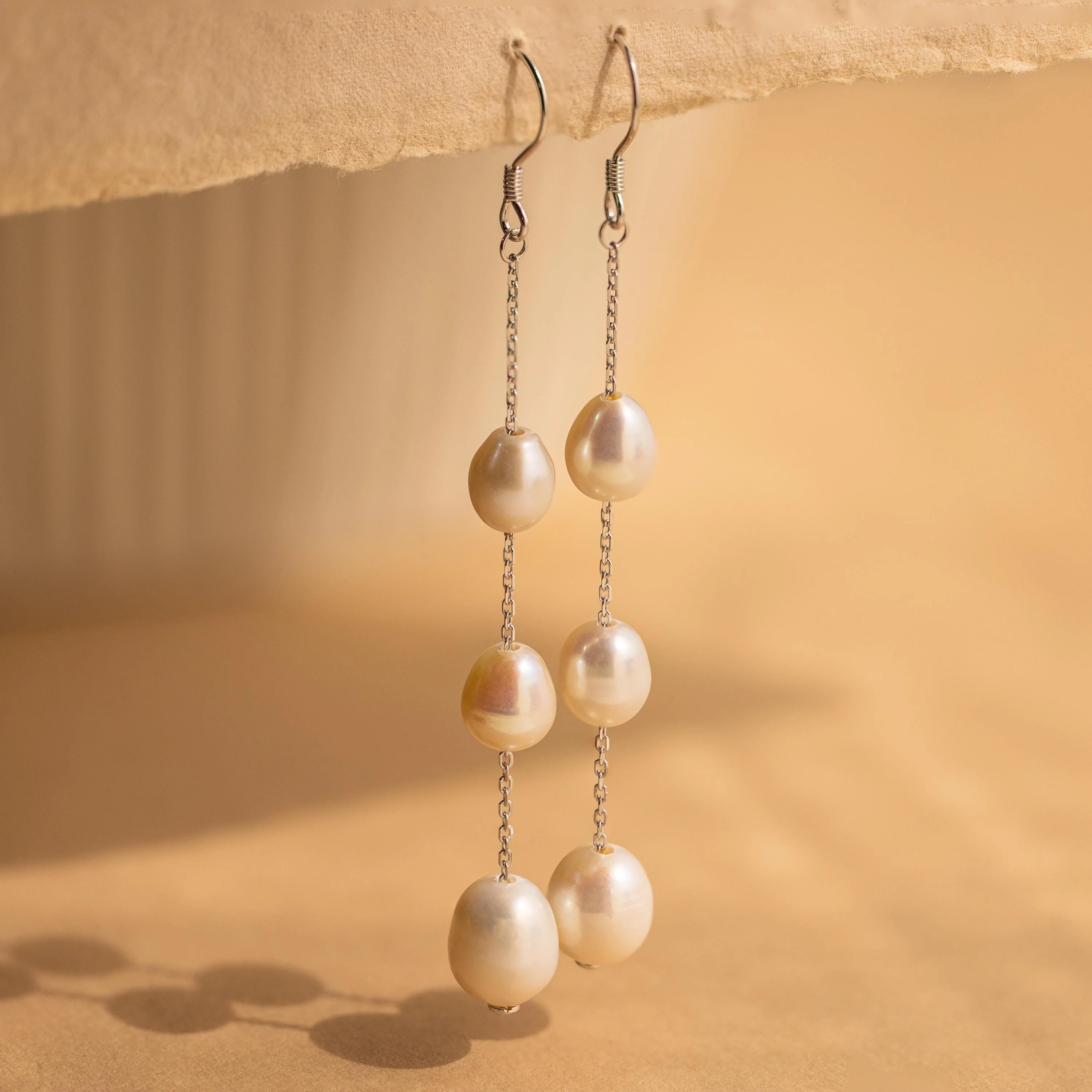 Long Pearl Dangle Earrings in Silver - Image 3