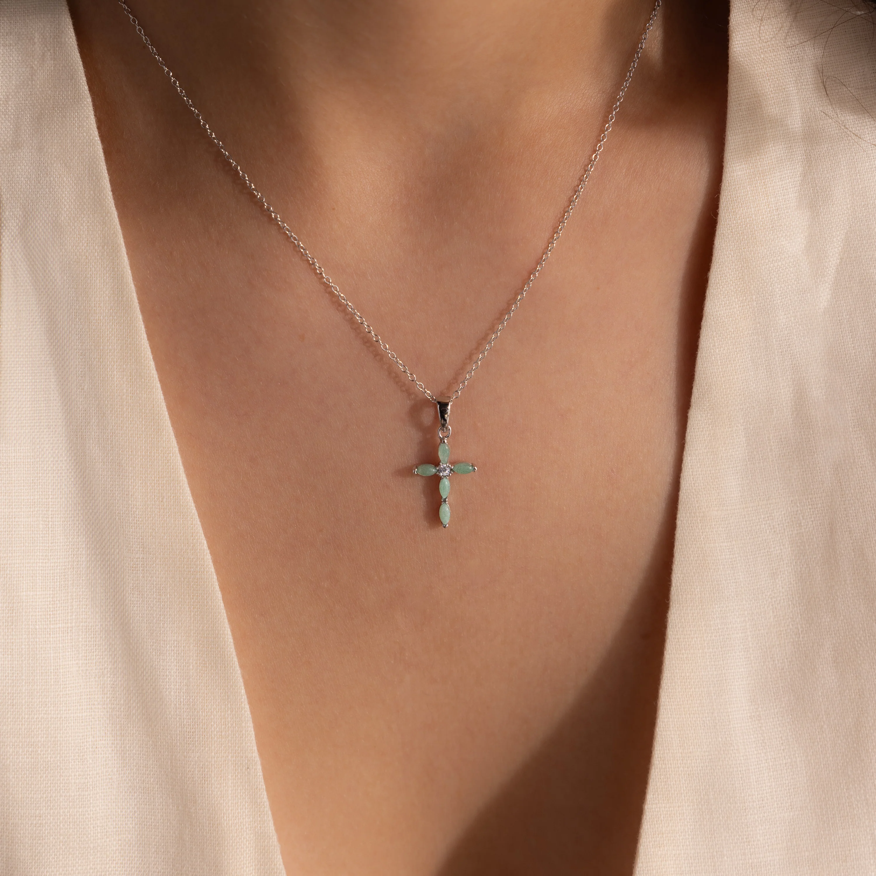 Marquise Jade Cross Necklace in Silver - Image 2