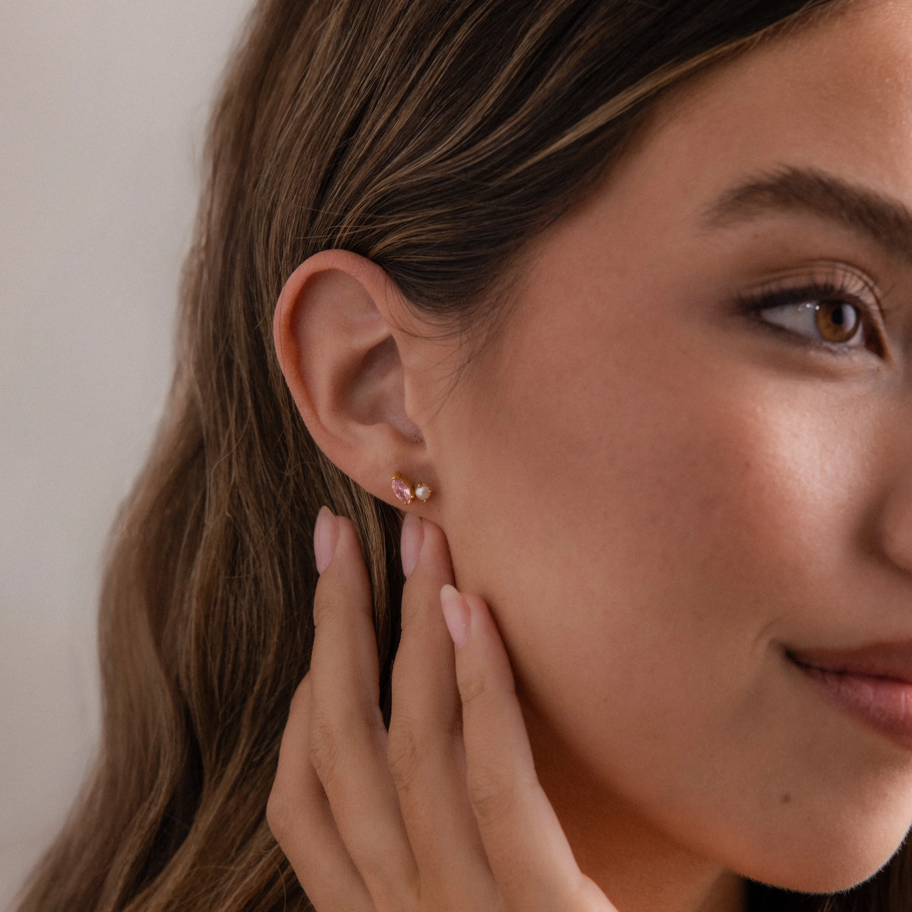 Marquise Pink Tourmaline & Pearl Studs - Image 3
