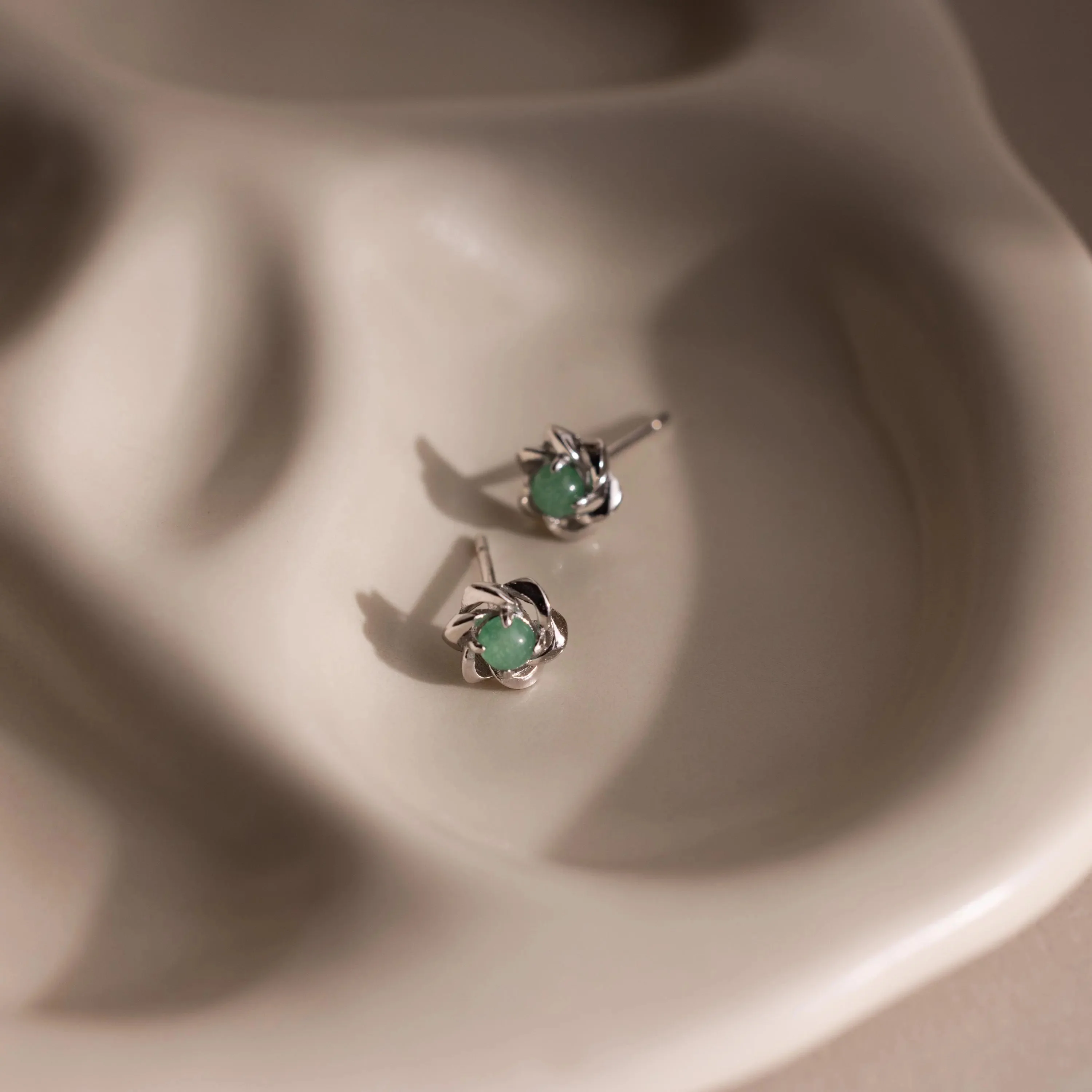 Mini Jade Flower Studs in Silver