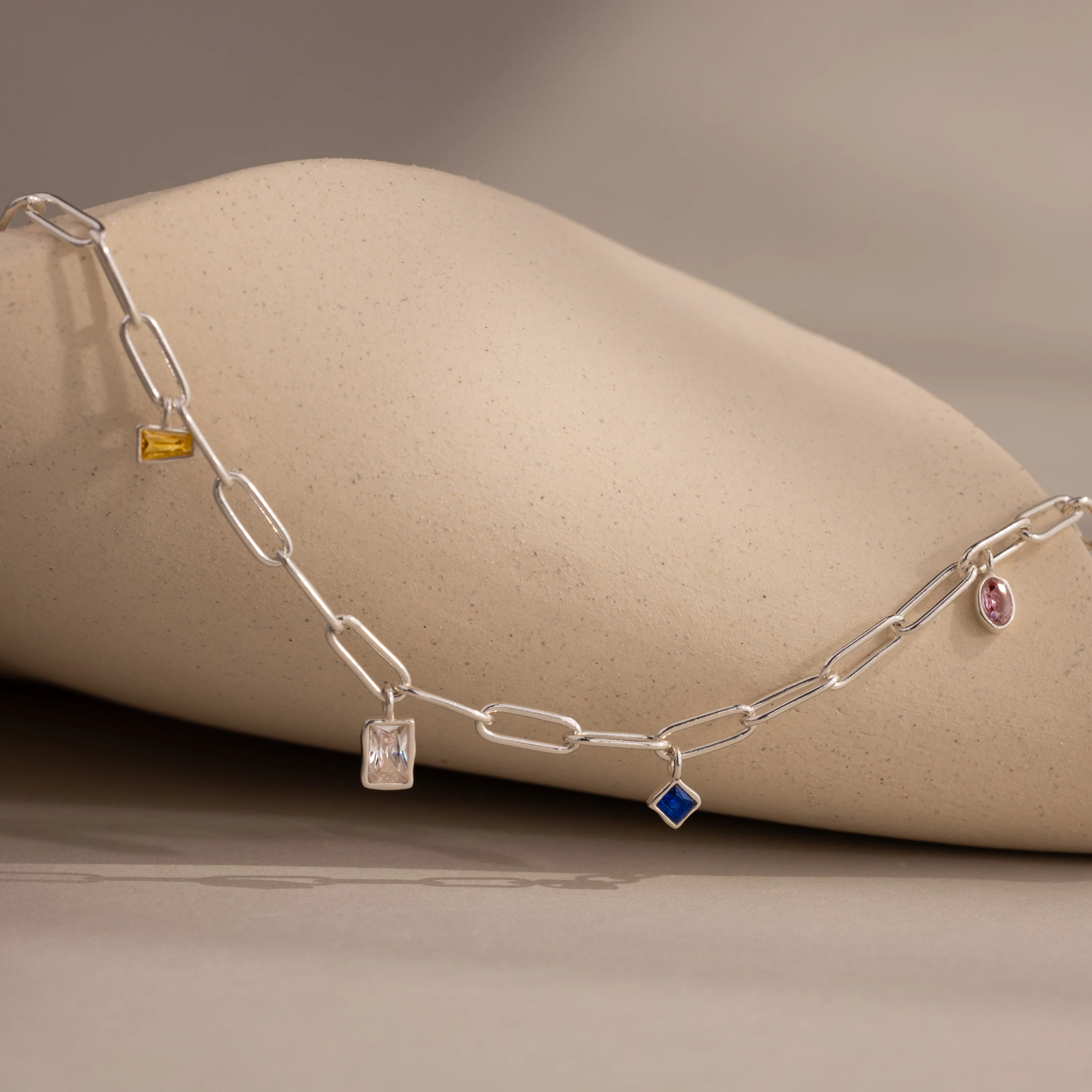 Mixed Birthstone Charm Necklace in Silver - Image 3