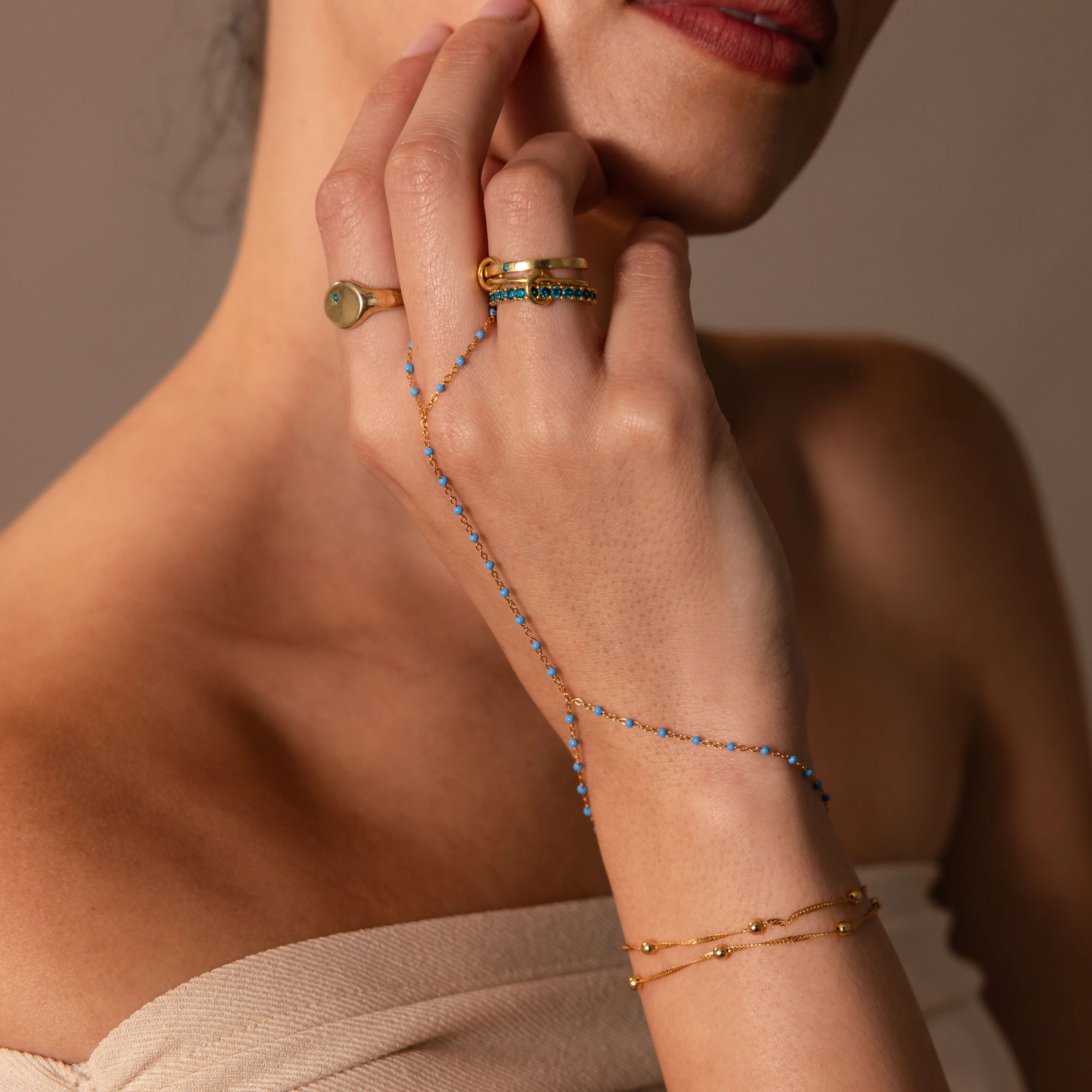 Ocean Beaded Hand Chain Bracelet in 18K Gold - Image 3