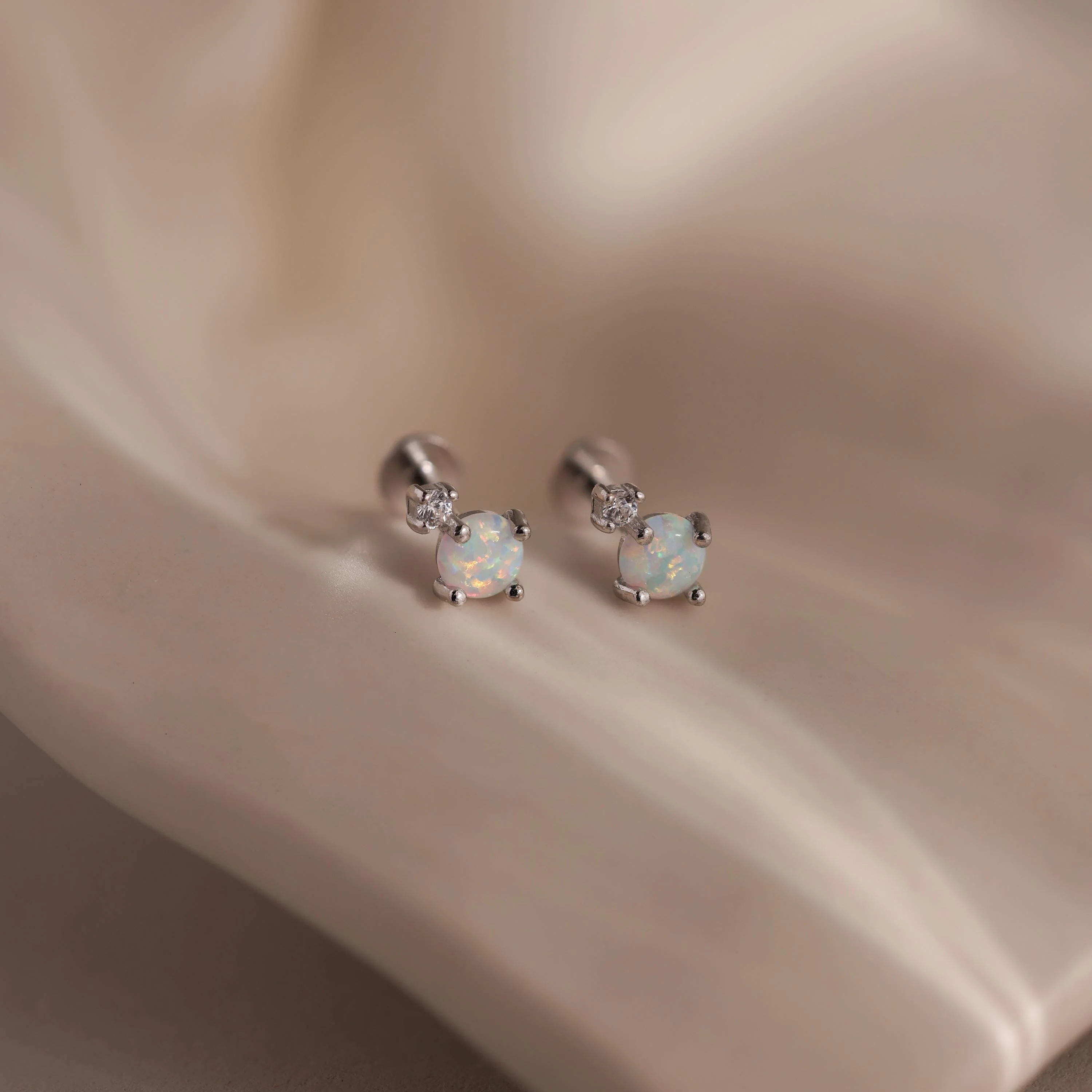 Opal & Diamond Flatback Studs in Silver