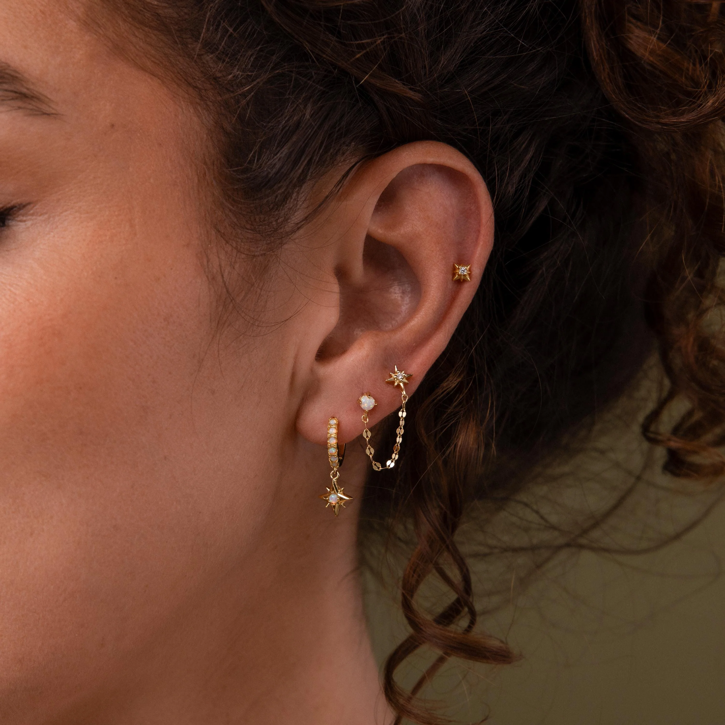 Opal & Star Duo Chain Studs in 18K Gold - Image 4