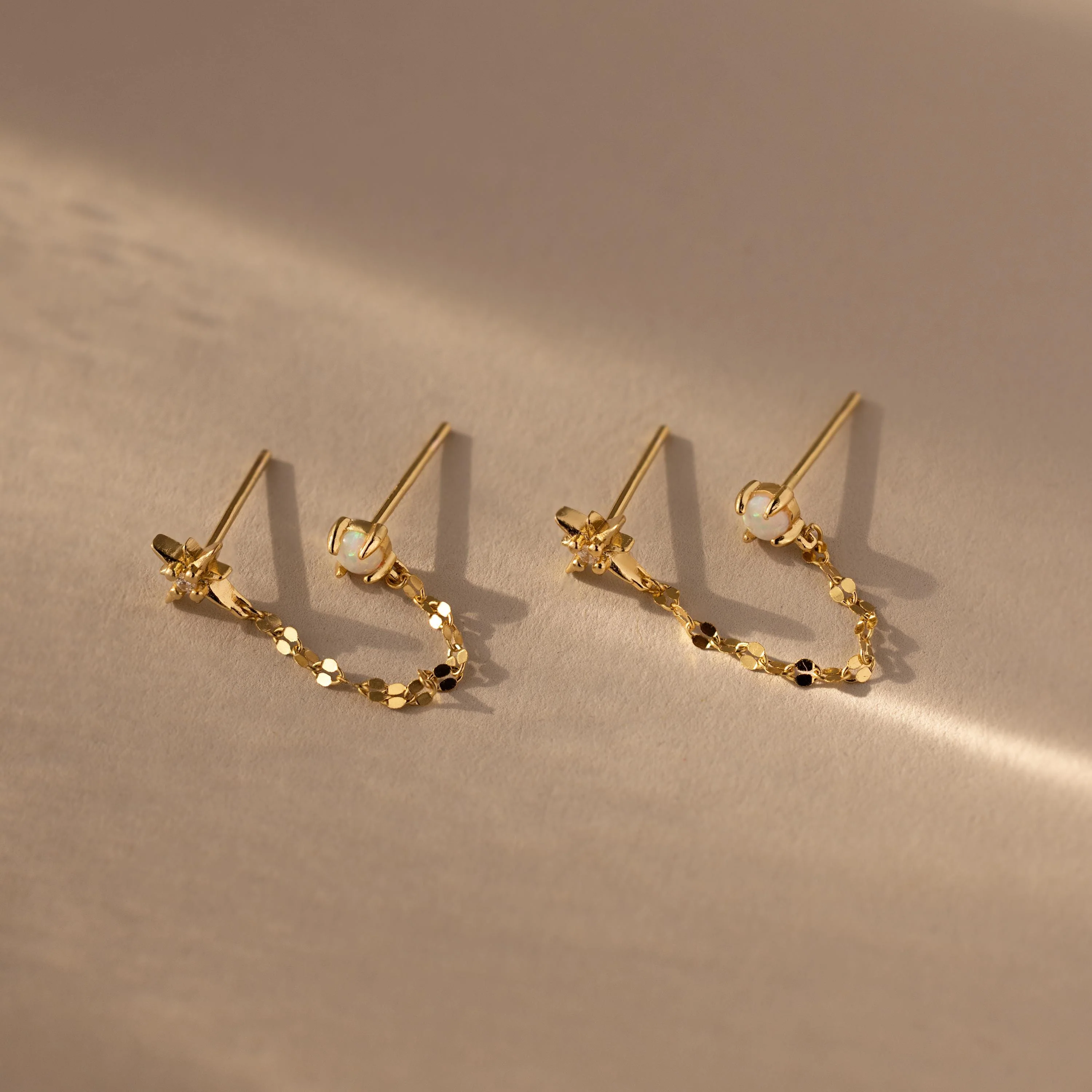 Opal & Star Duo Chain Studs in 18K Gold - Image 5
