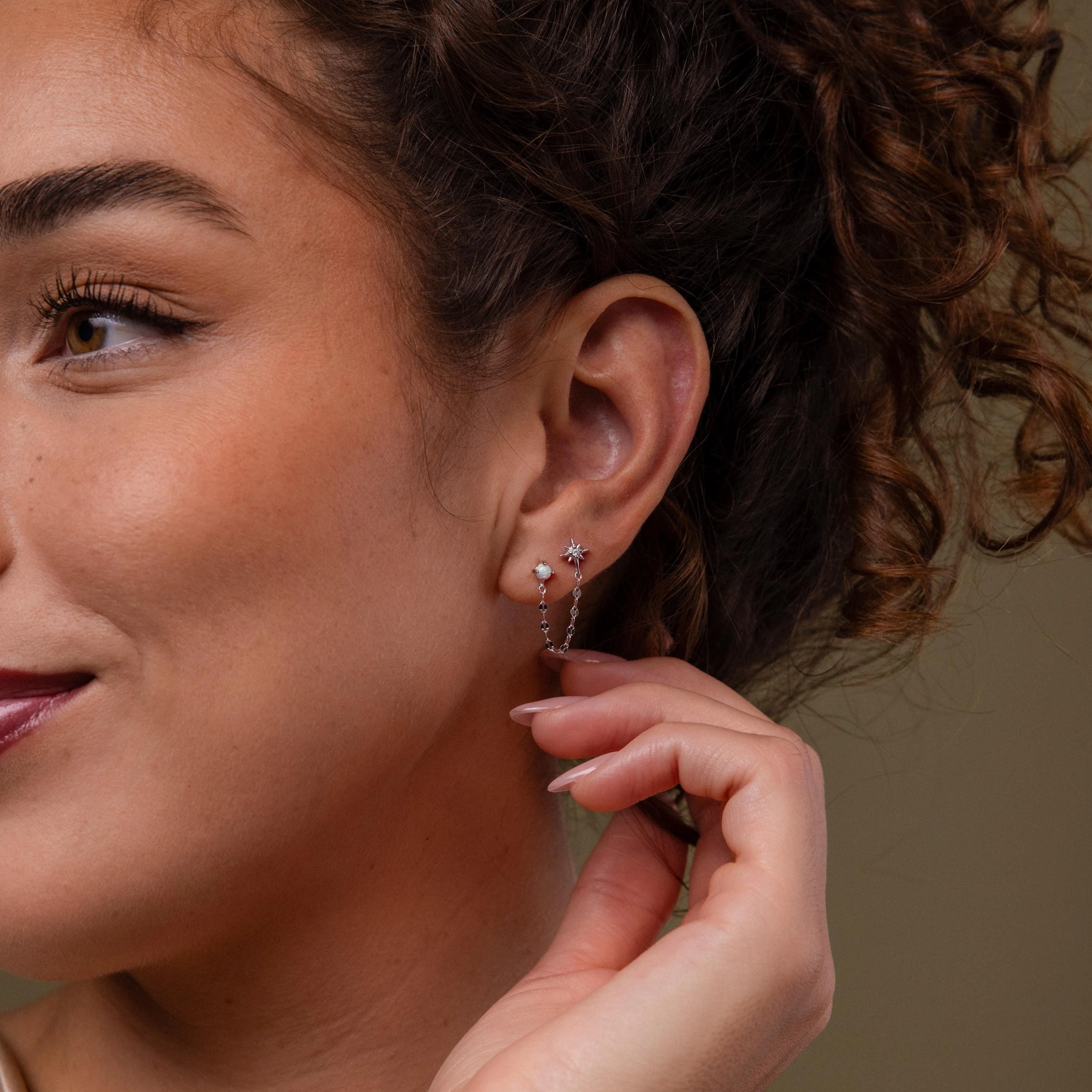 Opal & Star Duo Chain Studs in Silver - Image 4