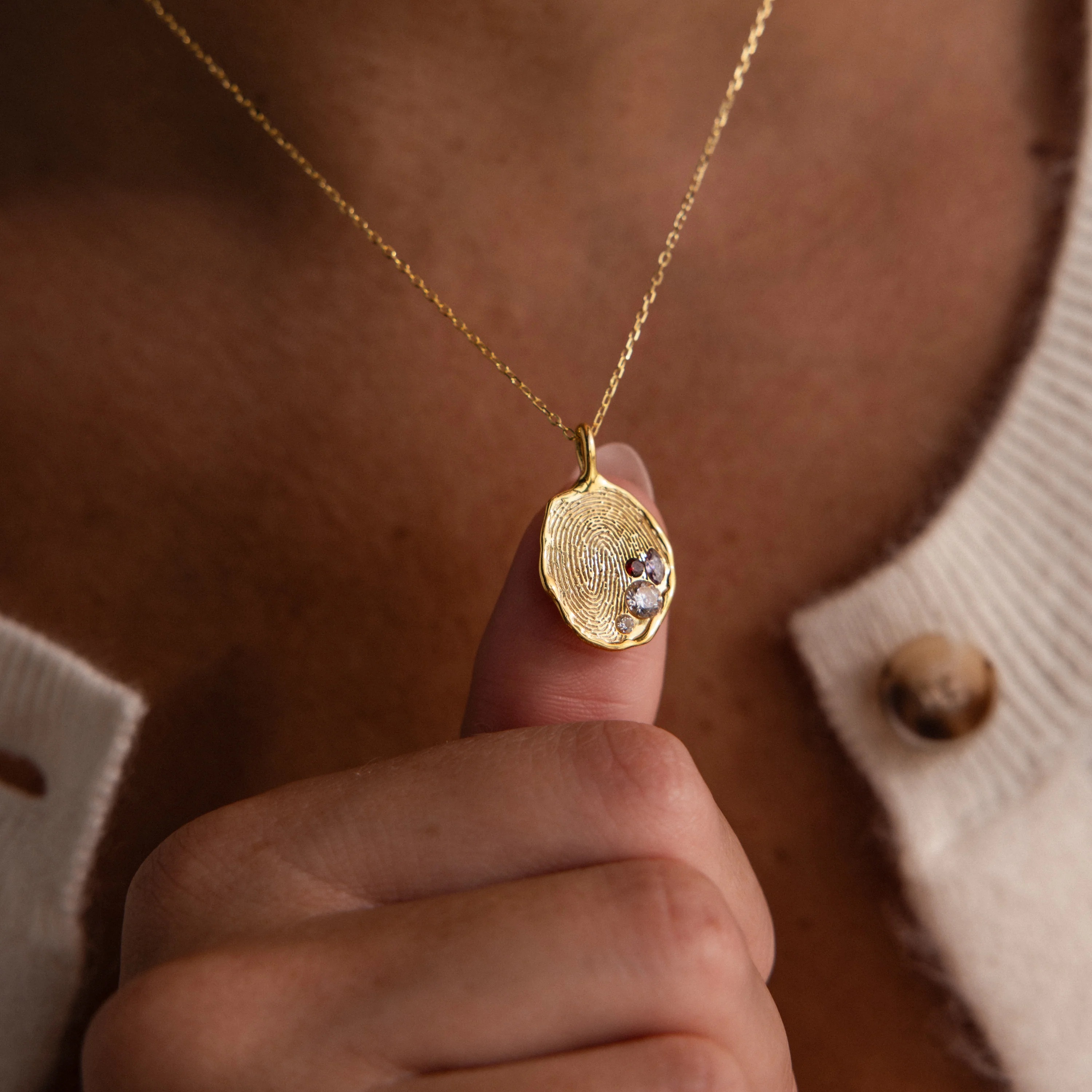 Organic Fingerprint Multi Birthstone Necklace in 18K Gold - Image 2