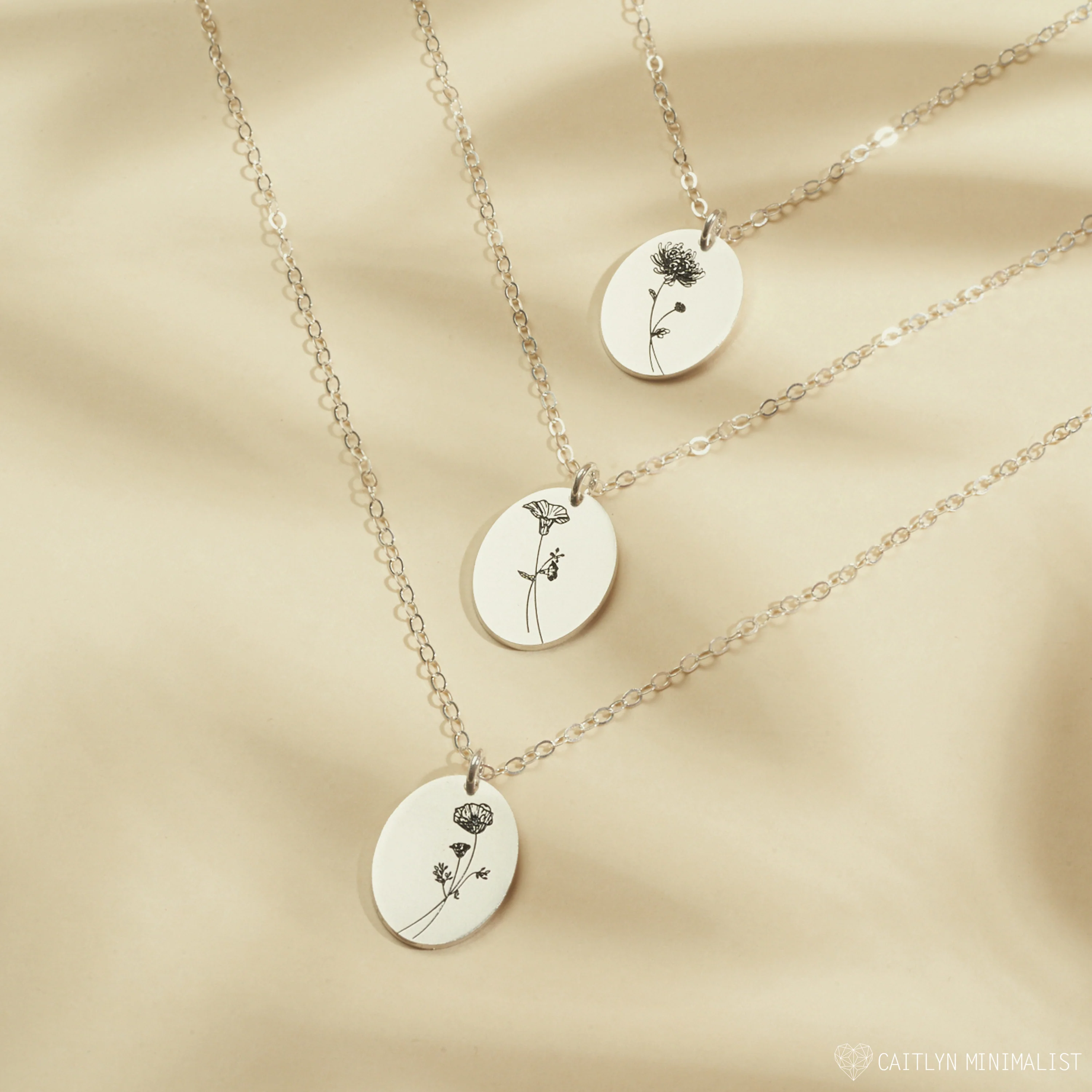 Oval Birth Flower Necklace in Silver - Image 3