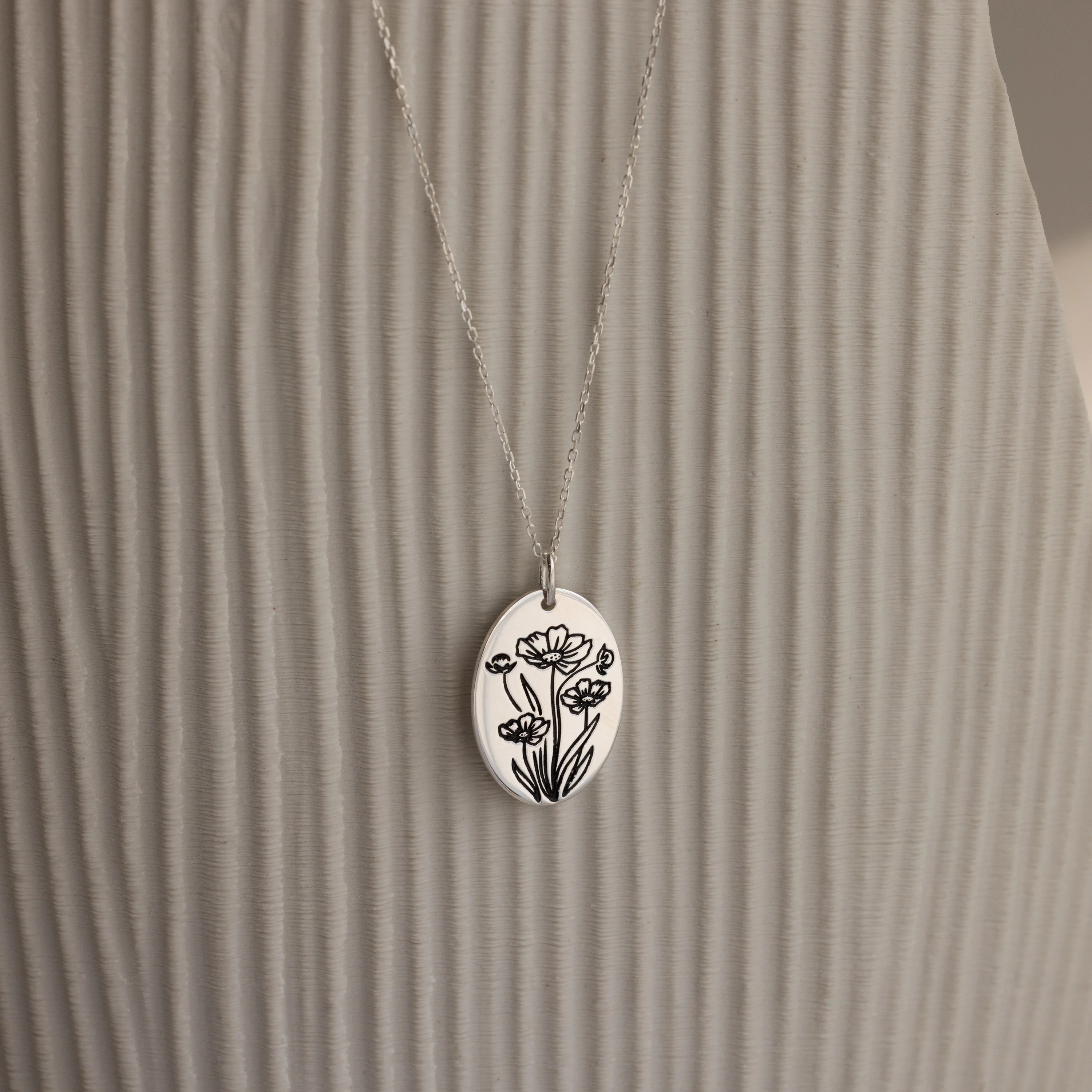 Oval Birth Flower Necklace in Silver - Image 5