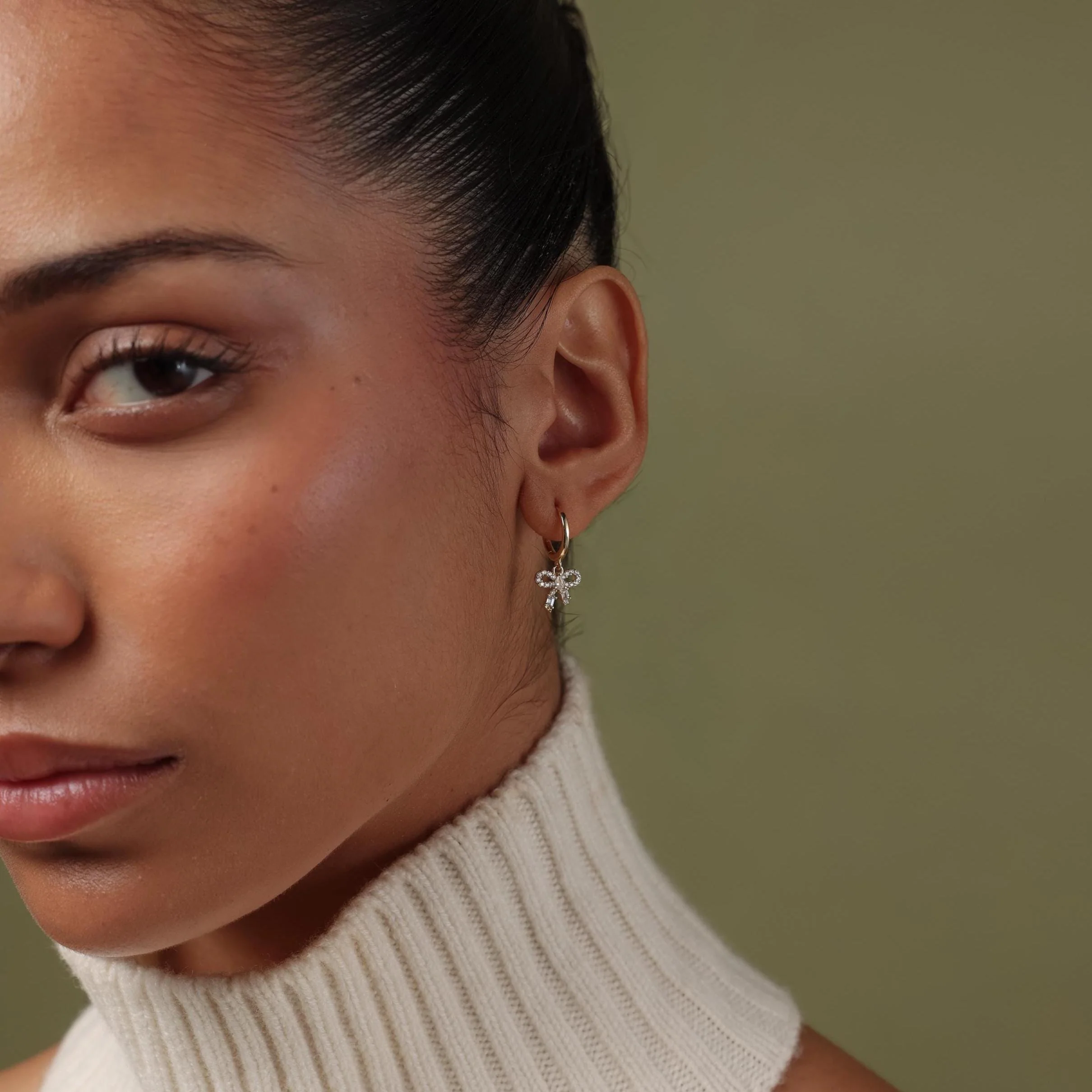 Pave Bow Charm Hoops in 18K Gold - Image 6
