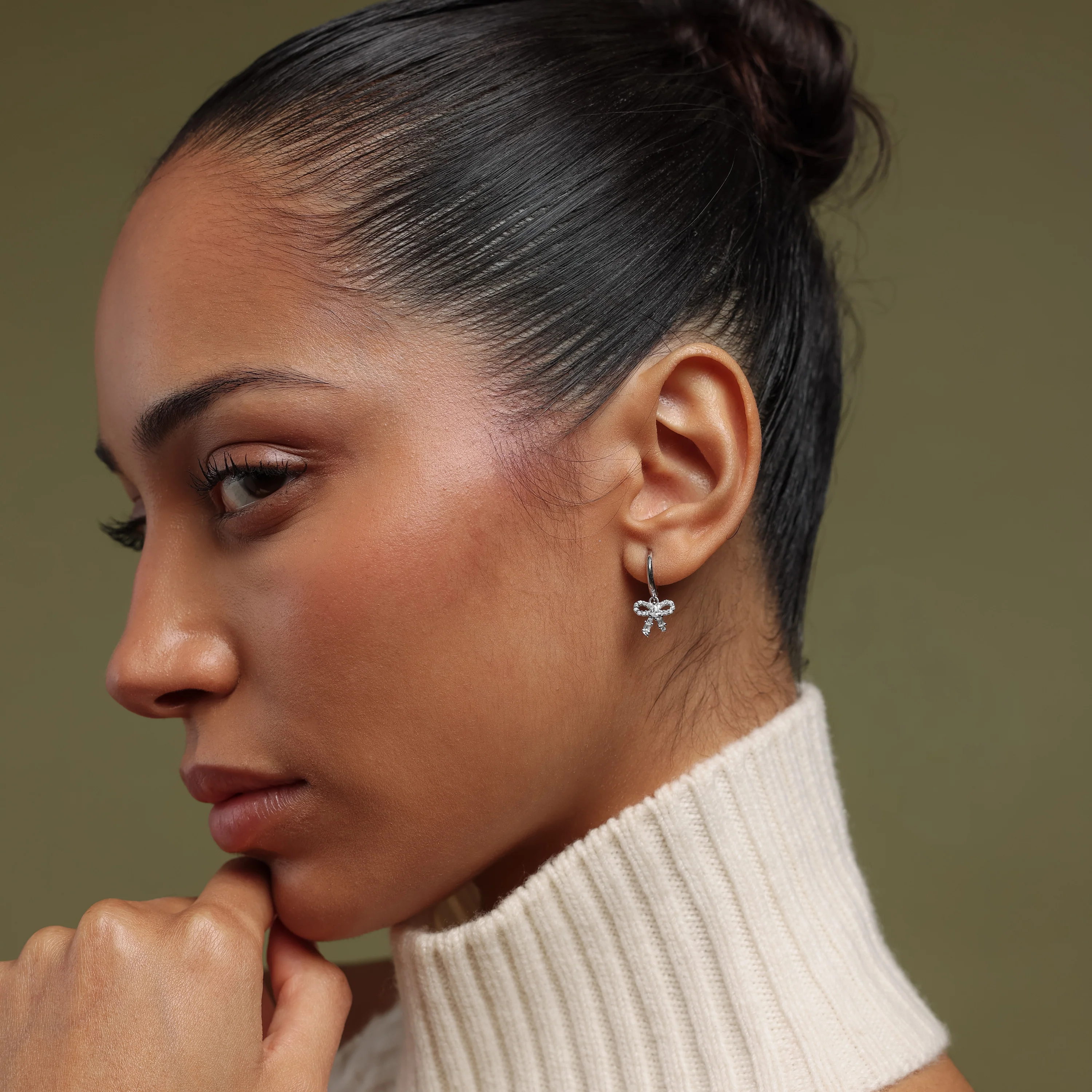 Pave Bow Charm Hoops in Silver - Image 6