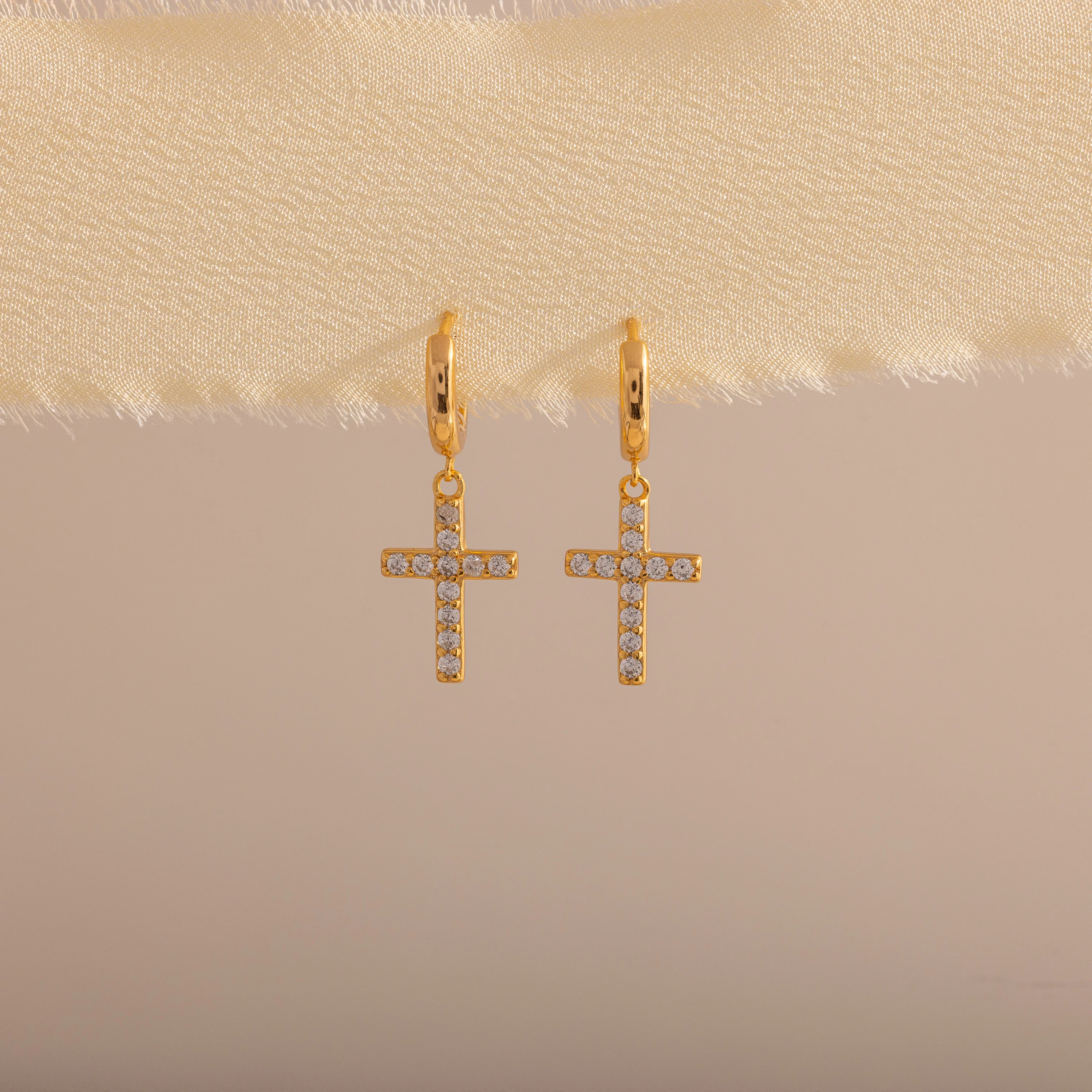 Pave Cross Hoops in 18K Gold