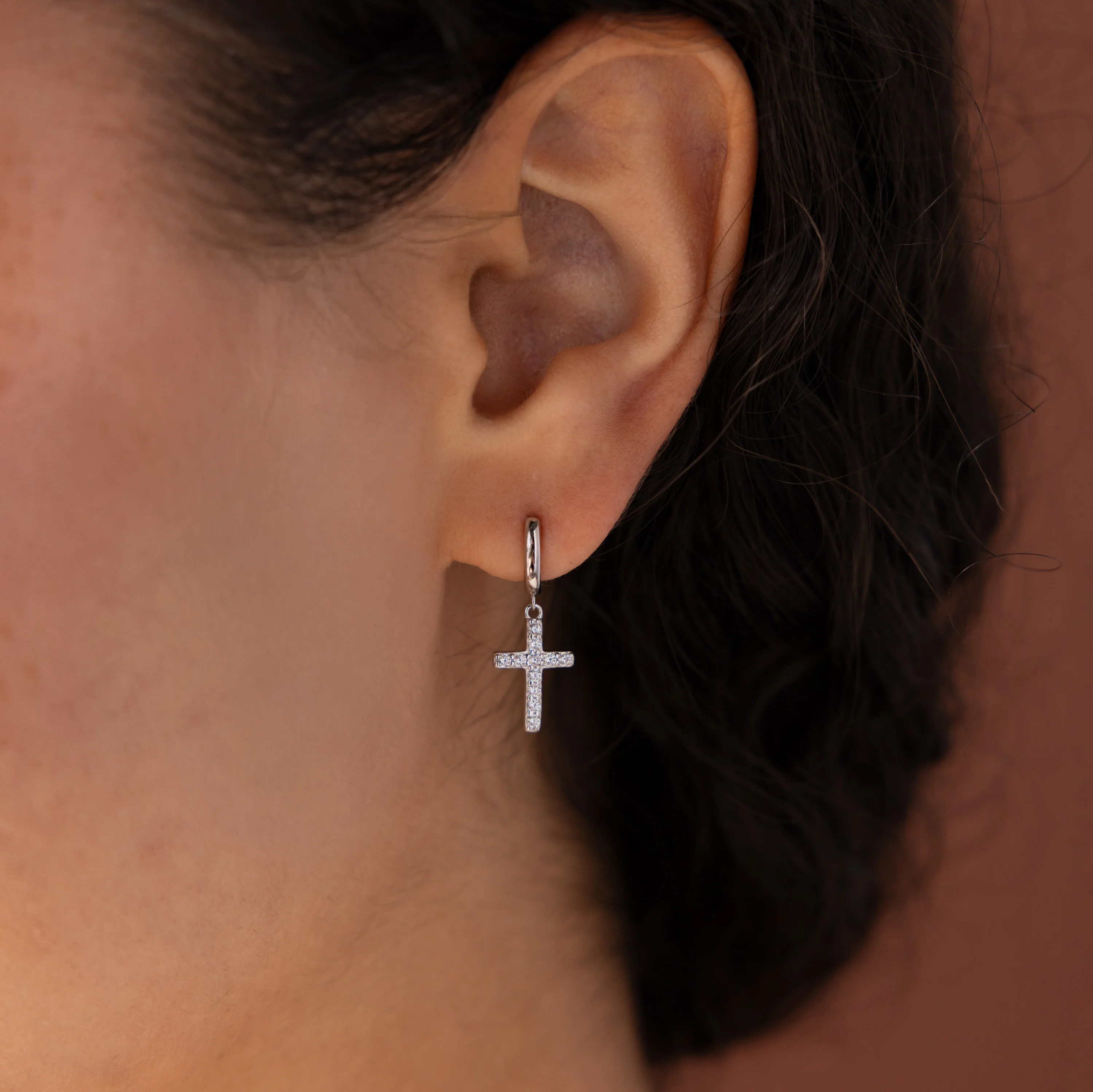 Pave Cross Hoops in Silver - Image 2