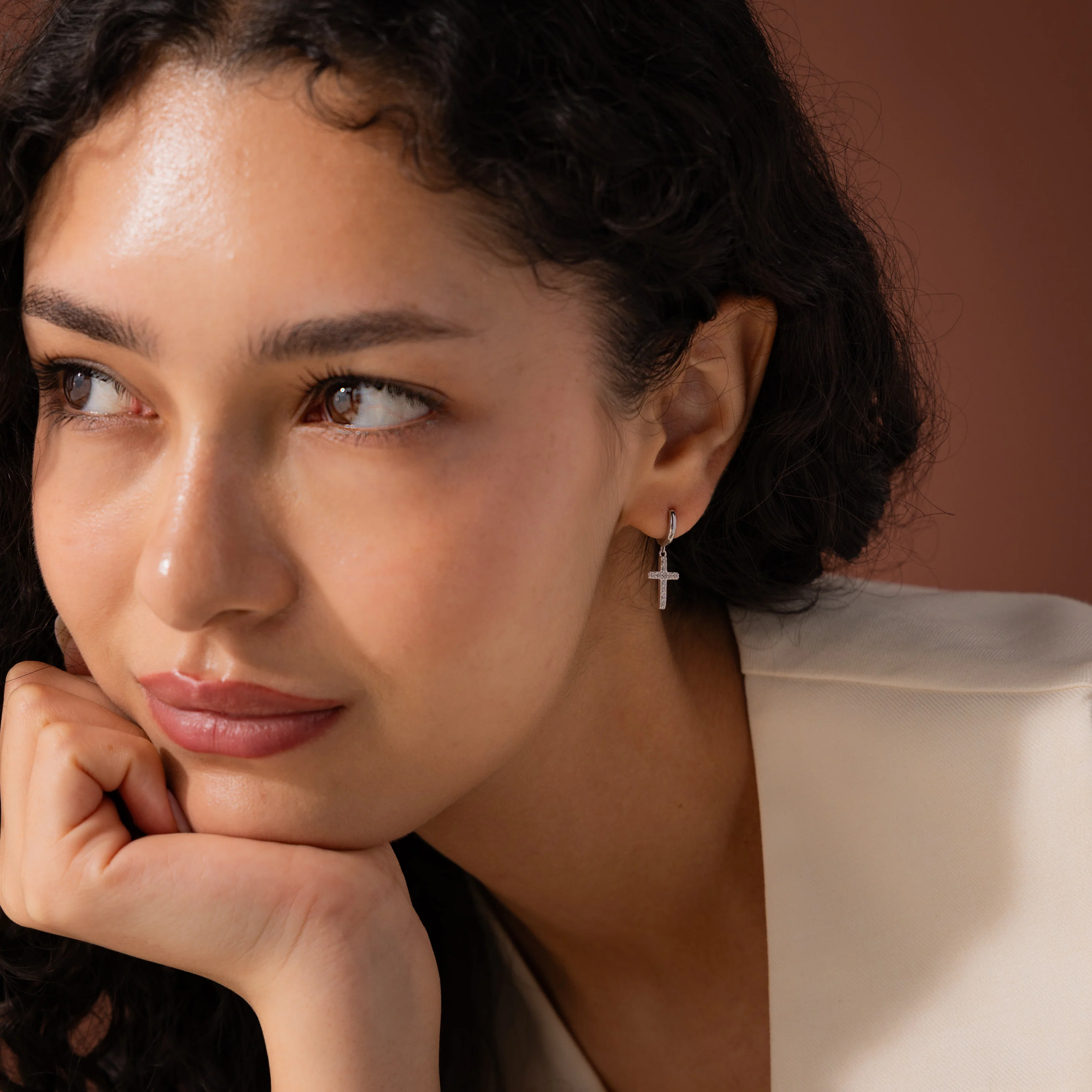 Pave Cross Hoops in Silver - Image 4